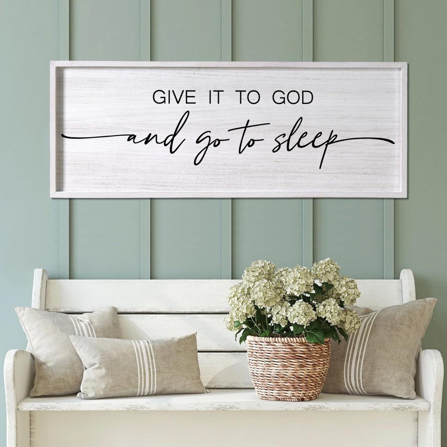 Give It to God and Go to Sleep Decorative Rustic Sign & Plaque Framed Wall Art for Couples, 40''×15'' Vintage Farmhouse Wooden Horizontal Wall Decor Above Bed, Cottagecore Wedding Gift for Bedroom