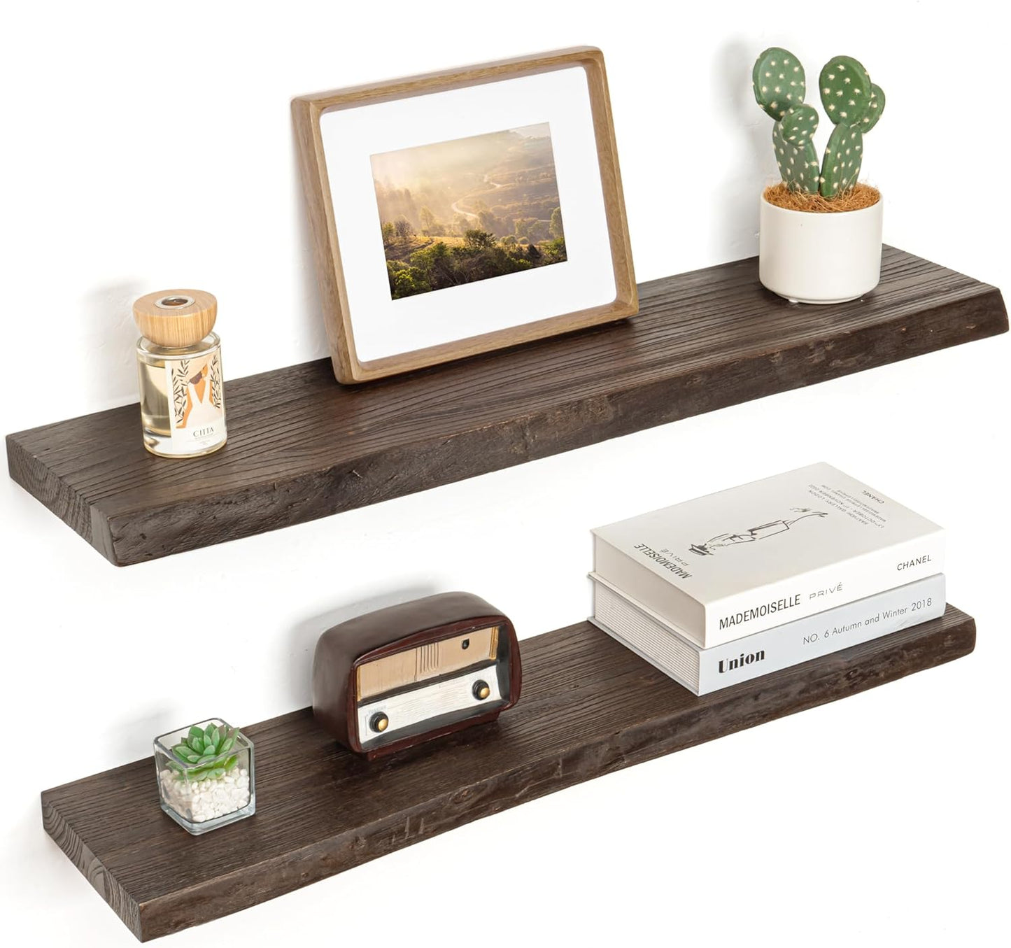 Floating Shelves for Wall Decor, Rustic Solid Elm Wood Live Edge Floating Shelves Wall Mounted, Wall Shelves with Invisible Bracket for Living Room Bathroom Bedroom Kitchen, 32 Inch Set of 2, Walnut