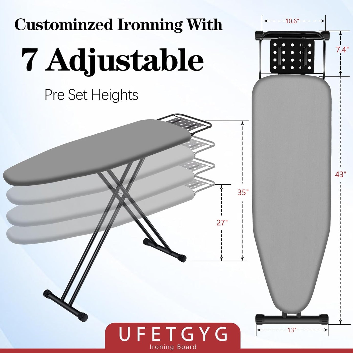 Ironing Board,13" X 43" W/with Iron Rest | Full Metal Construction| Height Adjustable | Heat & Scorch Resistant Fabric | Heavy Duty| Easy to Fold | Anti-Skid Feet |Grey