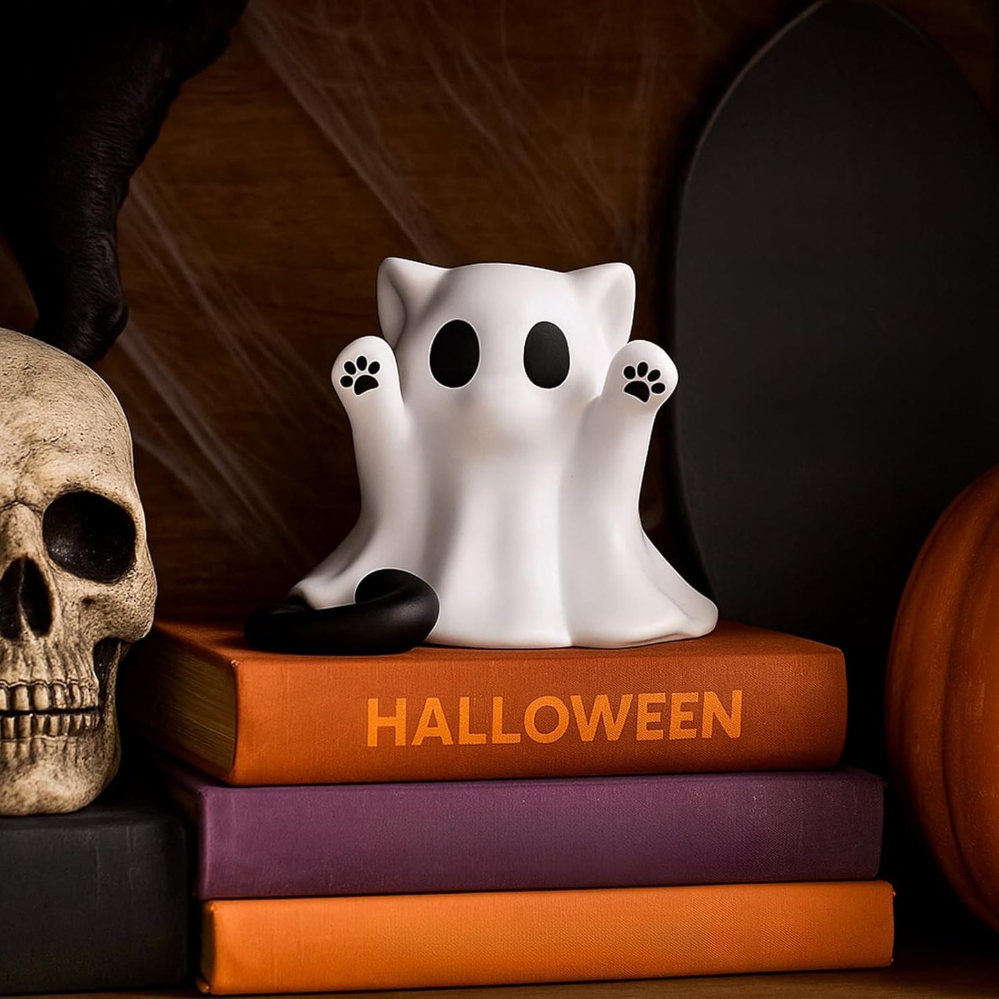 Halloween Ghost Statue Cute Spooky Figurines Desk Ornament Decorations Cartoon Mini Spooky Halloween Unique Cat Ghost Figurines for Festive Home and Office Desktop Decor Display Ornaments