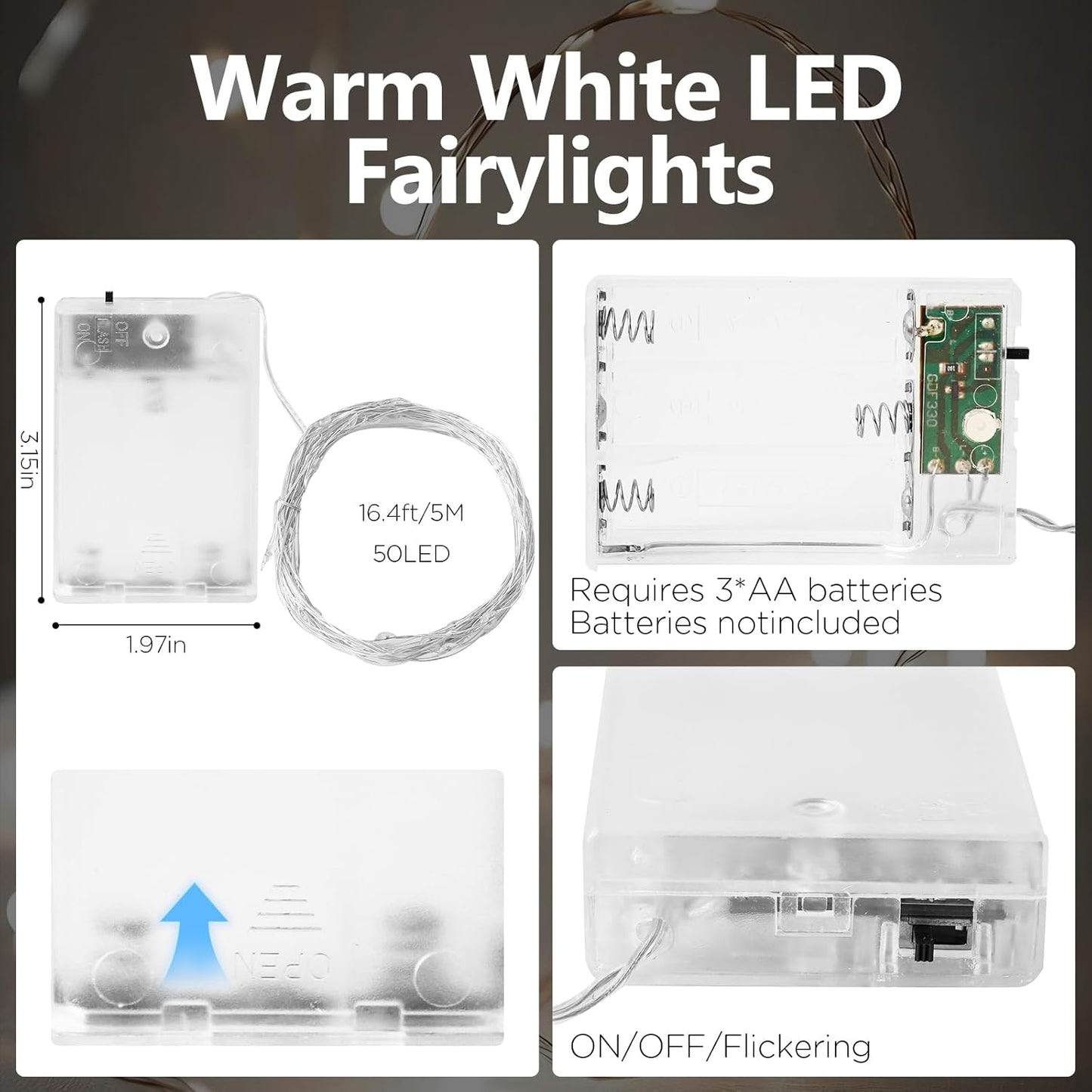 Fairy Lights Battery Operated String Lights 16.4ft 50LED Flashing and Constant Light Waterproof Silver Wire for Christmas DIY Party Bedroom Wedding (White, 8 Pack)