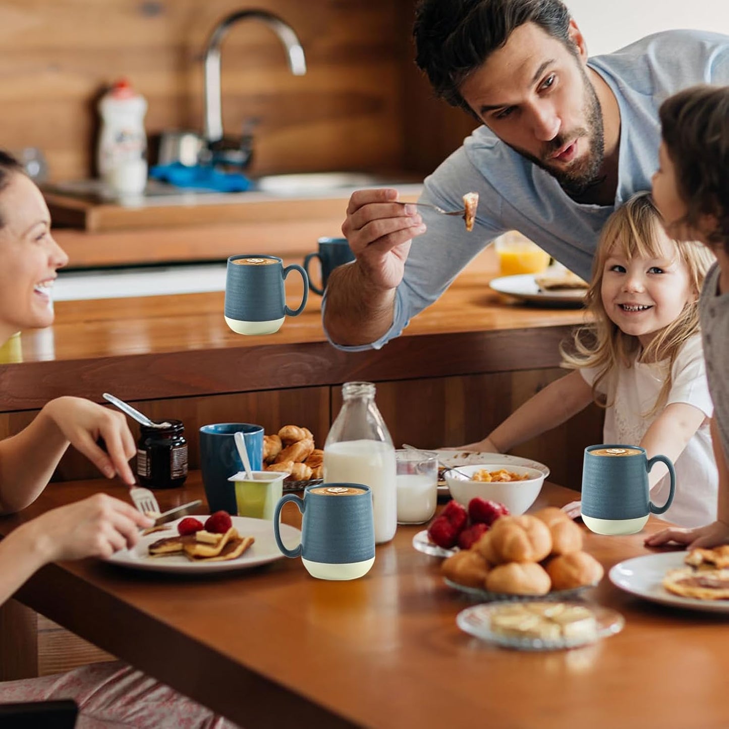 Hasense Coffee Cups, 15 oz Coffee Mugs Ceramic with Handles Set of 6, Tea Cup for Home and Office, Stylish Colorblocking Mug for Coffee, Tea, Latte, Cocoa, Dishwasher Microwave Safe, Deep Blue
