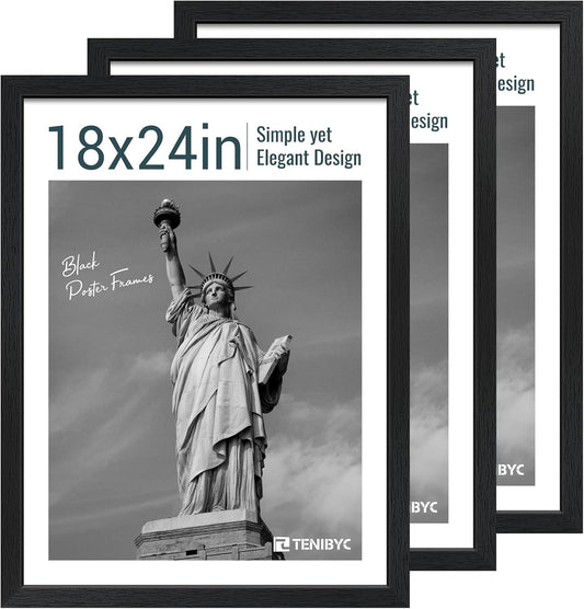 18x24 Poster Frame 3 Pack - Black Woodgrain, Solid Wood Gallery Picture Frame - Wall Hanging