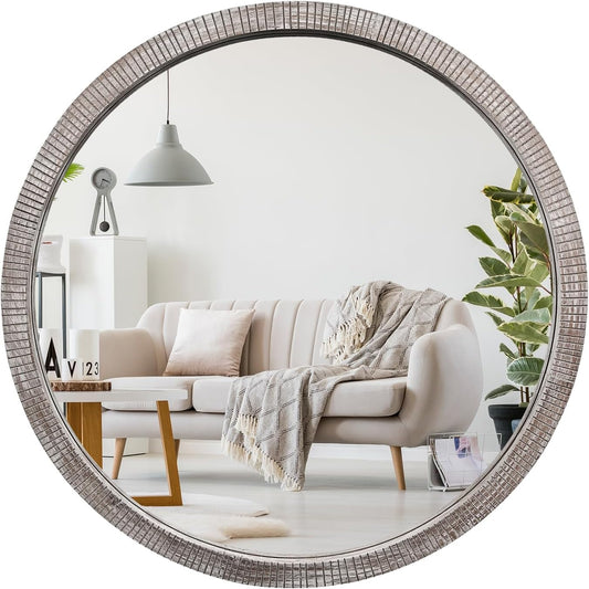 35" Round Wood Mirror, Large Wooden Round Mirror, Wood Round Mirrors for Wall Decor, Rustic Circle Wall Mirrors for Entryway, Living Room, White Washed Frame