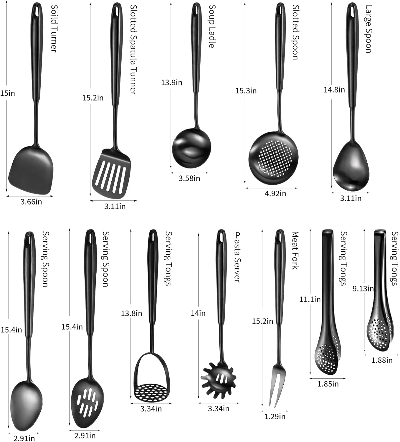 304 Stainlss Steel Matte Kitchen Utensils Set, 12 Pcs Long Metal Cooking Utensil Gadgets Tools Set with Spatula, Ladle, Spoon, Ladle, Skimmer, Tunner, Pasta Server, Tongs(Black, Dishwasher Safe)