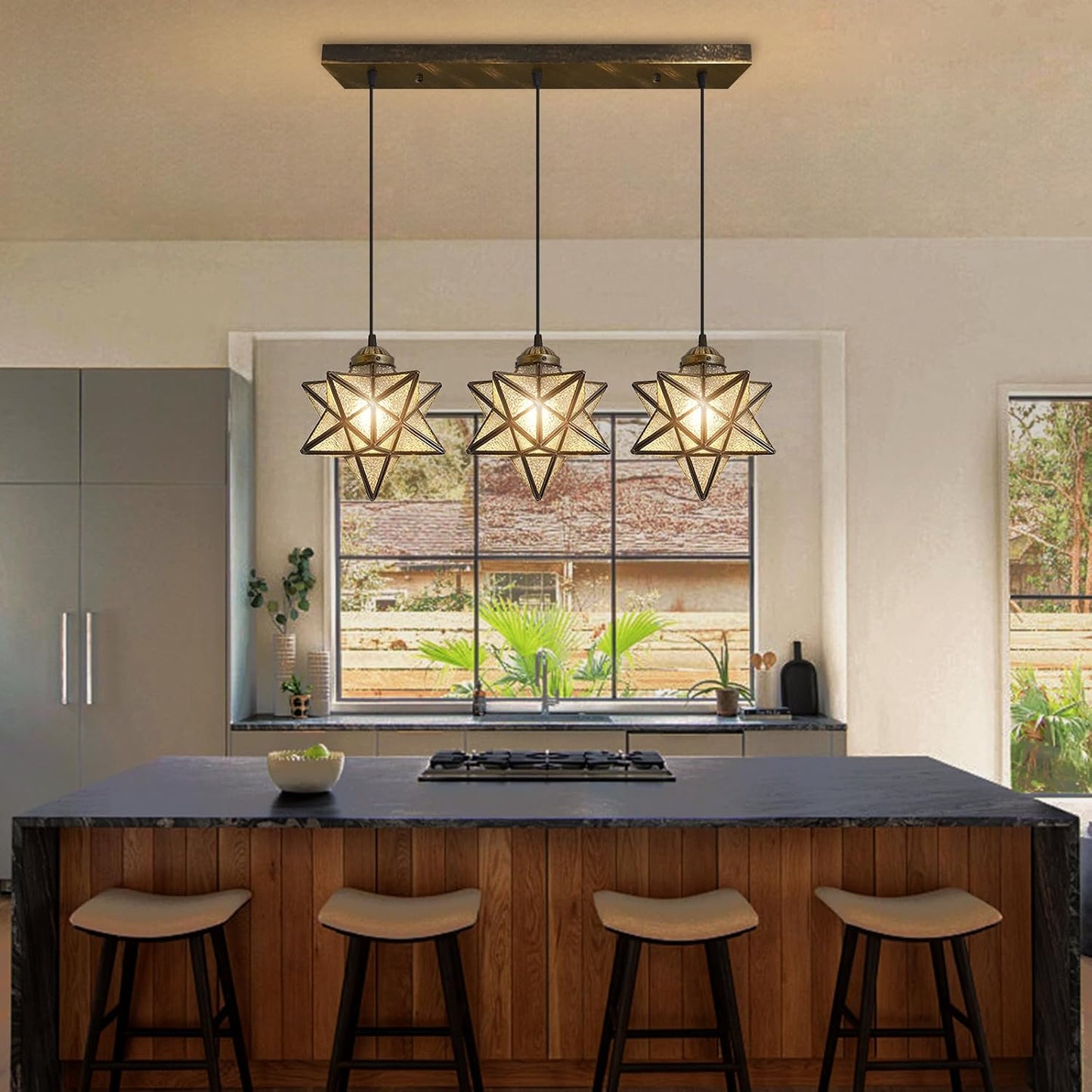 Glass Glam Chandelier 3 Lights Star Pendants Light Fixture for Dining Table Kitchen Island Modern Ceiling Hanging Lights Included LED Warm Light Bulbs Oiled Bronze