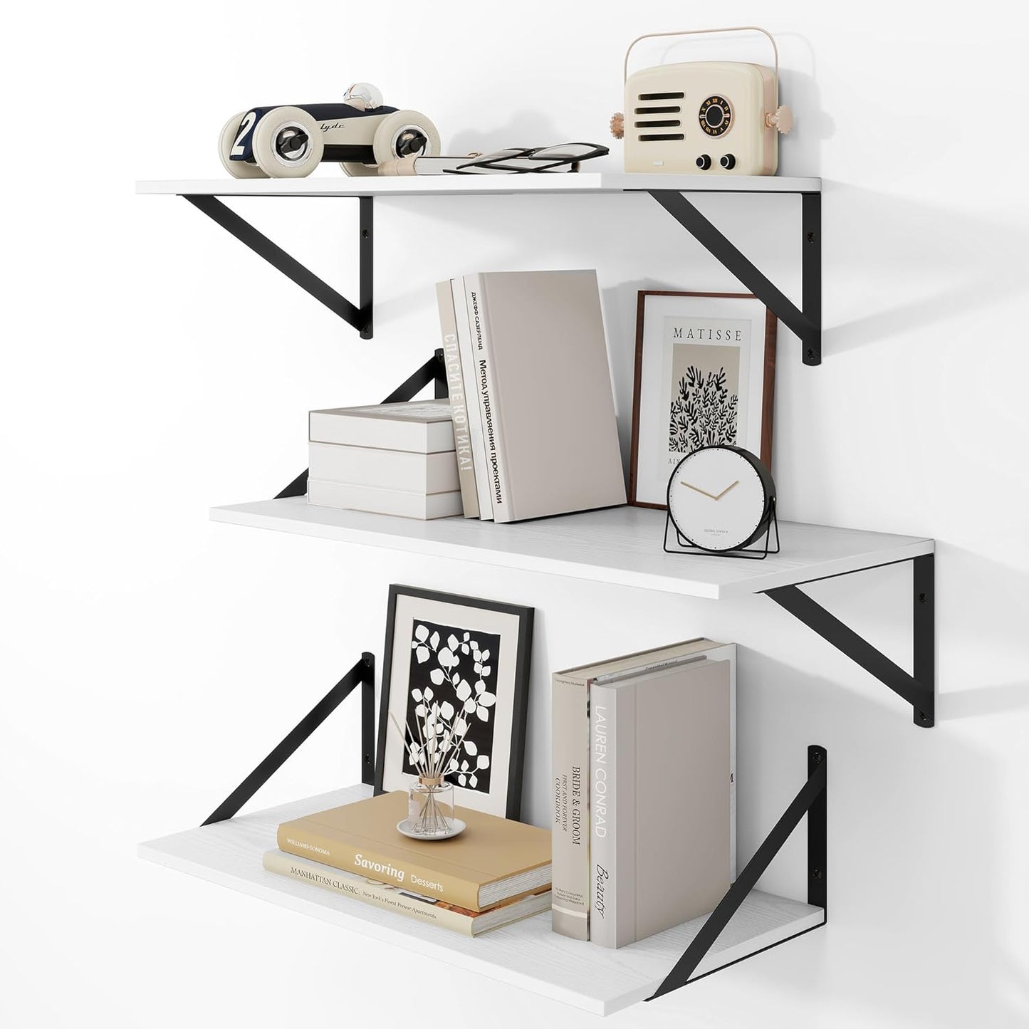 Heimlove 24" W x 12" D Wall Shelves for Books, 12 Inch Deep Floating Shelves Set of 3, Wide Floating Bookshelf with Metal Bracket for Living Room, Kitchen, Office, Bedroom and Decor Storage - White