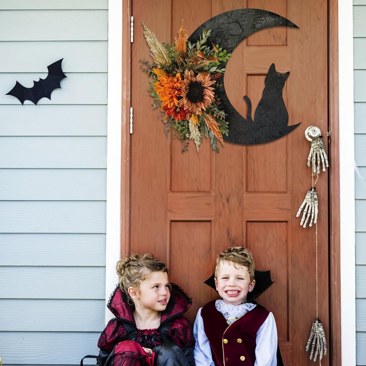Halloween Wreaths for Front Door, Black Cat on Moon Garland with Rose Wreath Decor, Halloween Decorations Crescent Moon Wreath for Home Party Window Wall Indoor Outdoor (orange flower)