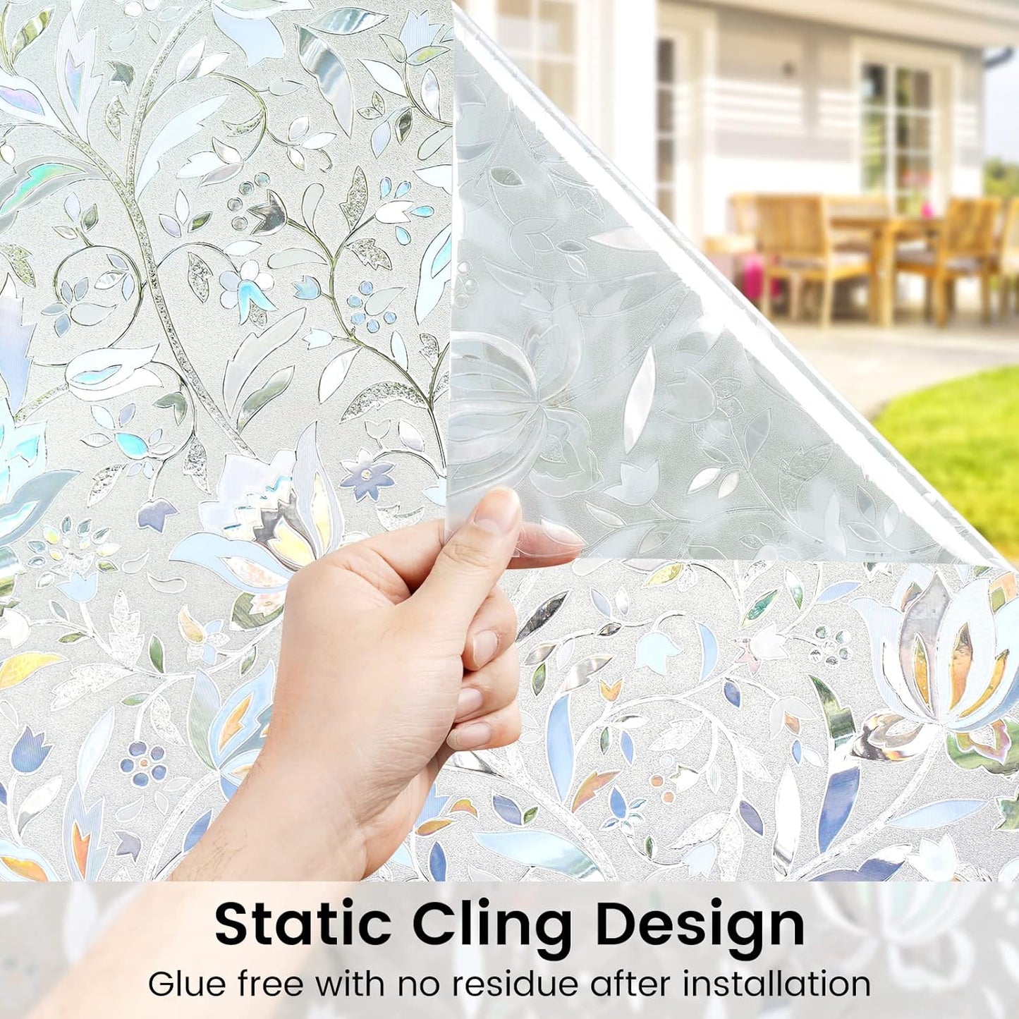 DOWELL Window Privacy Film, 3D Stained Glass Rainbow Films, Decorative Window Vinyl Sun Blocker Door Covering, Static Cling Non-Adhesive Glass Sticker for Home, Blooming Flowers, 35.4"x78.5"