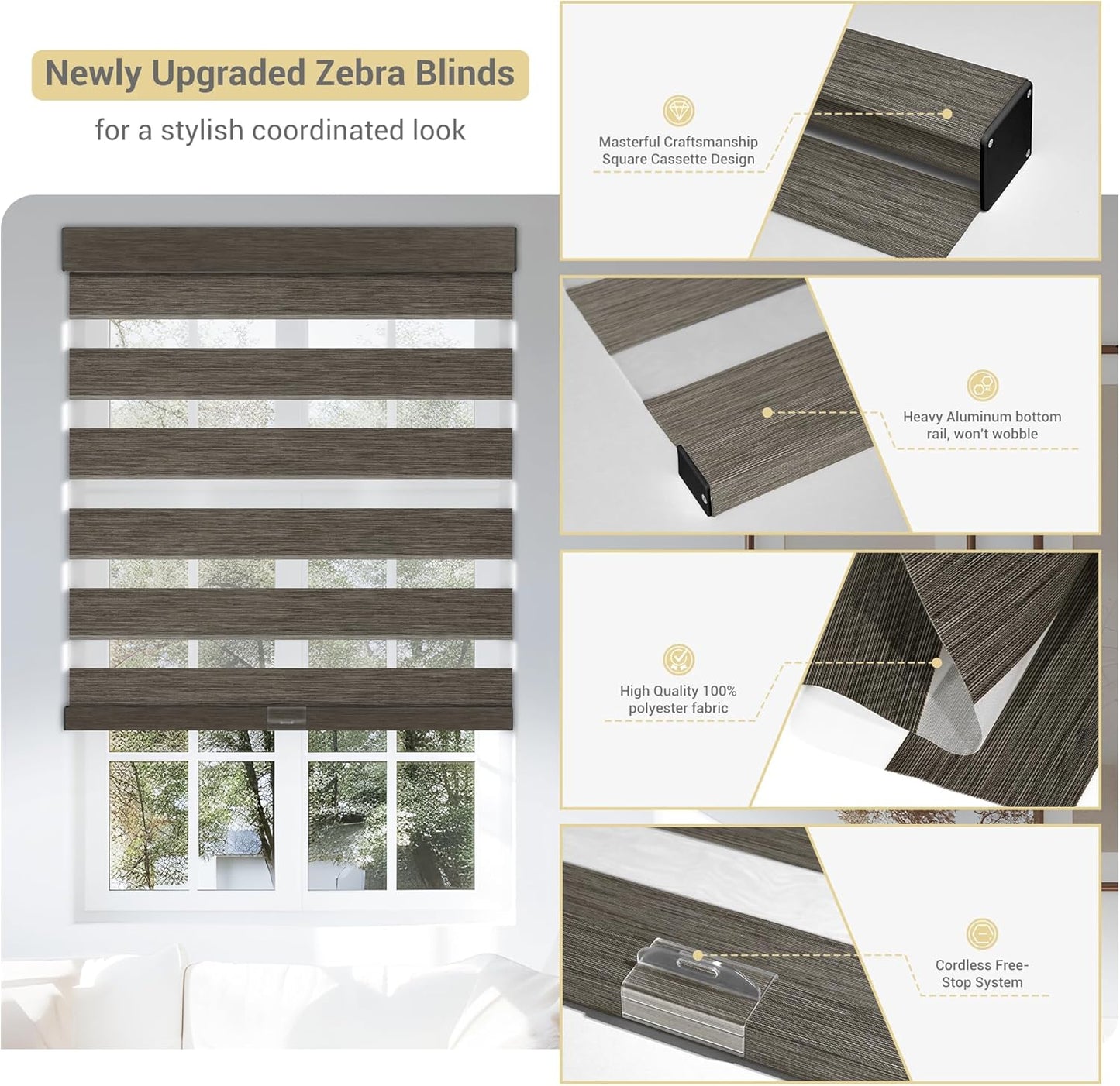 Cordless Zebra Blinds for Windows, Blackout Interior Blinds,Easy to Install,UV Protection,for Offices and Home,Custom Roller Shades, Mousse Dark Bown,78" W x 64" H