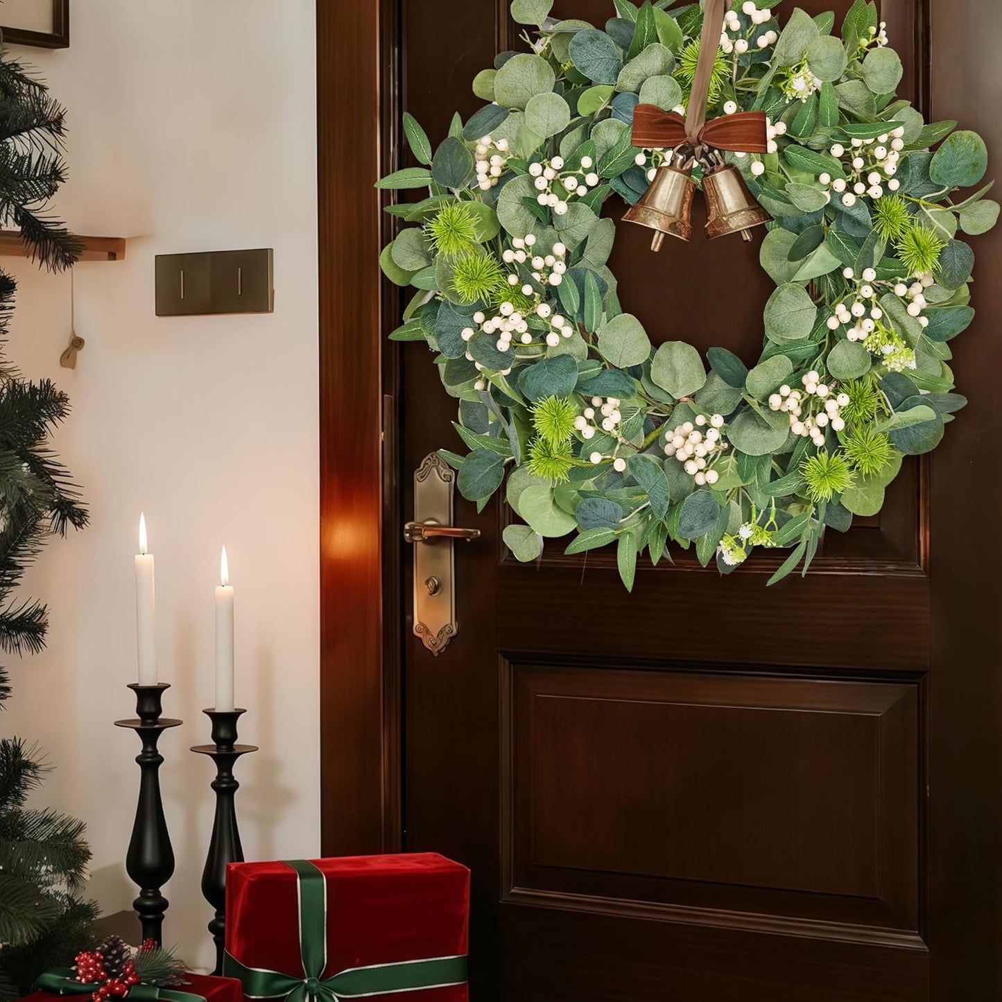 GENMOUS 24Inch Artificial Eucalyptus Wreath for Front Door, Christmas Wreaths with Ivory Berries Silver Dollar, Green Wedding Home Wall Door Hanging Decor All Seasons, Holiday Thanksgiving Halloween