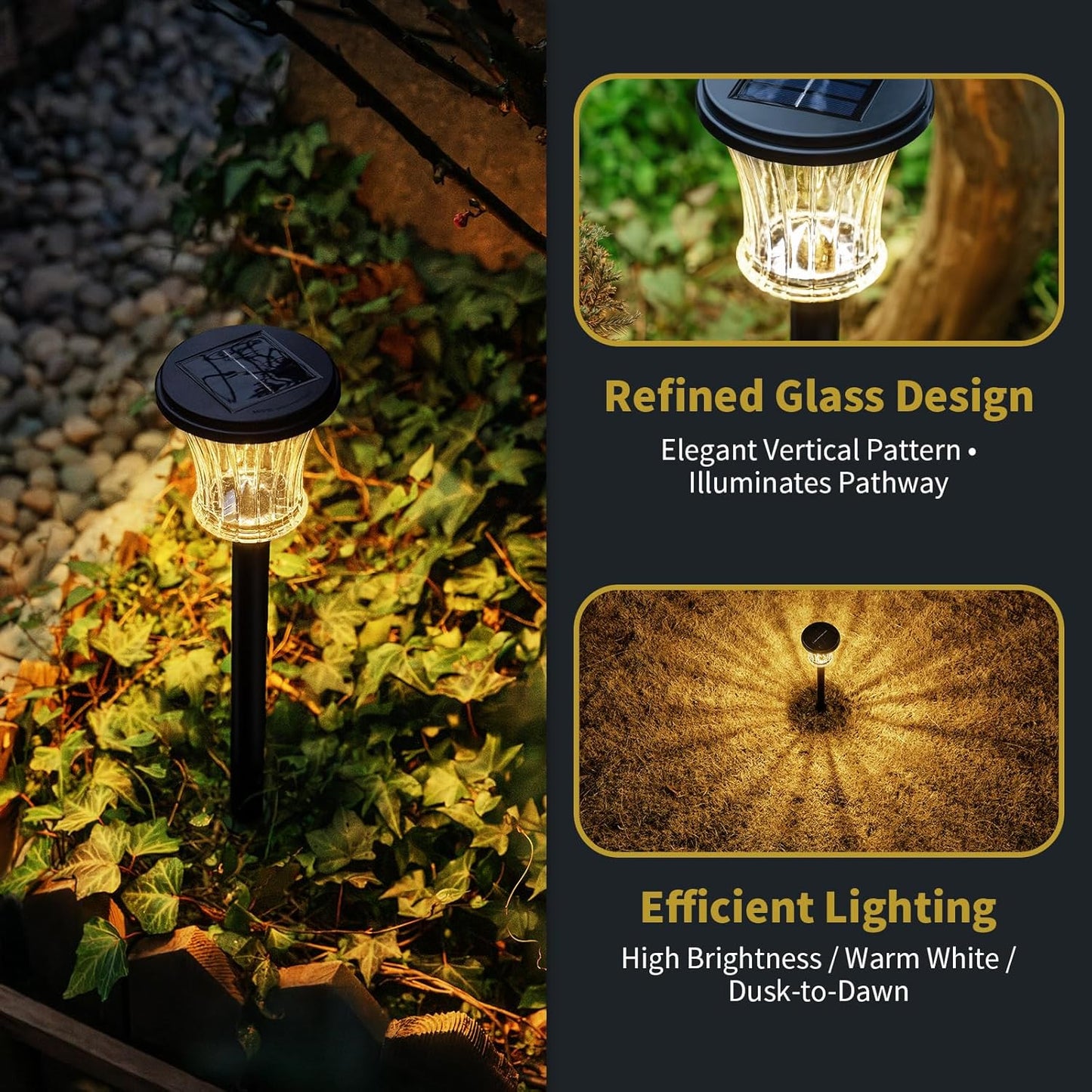 Glass Solar Pathway Lights Outdoor Waterproof, Decor Landscape Lighting with Modular Design, 3000K LED, Auto On/Off Solar Stake Light for Yard Garden Driveway Walkway Lawn, Warm White (6 Pack)