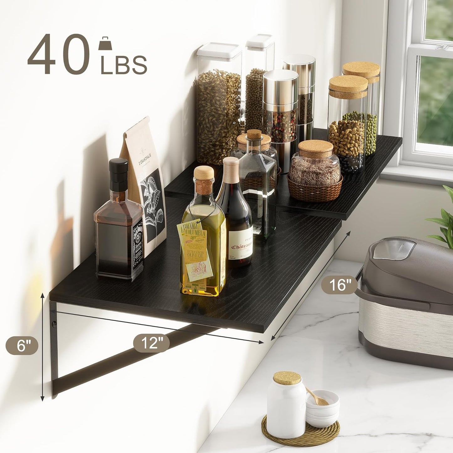 Fun Memories Deep Floating Shelves for Wall, 12 Inch Deep Black Floating Shelves Set of 2, 16" W x 12" D Wall Shelf, Wide Display Ledges Shelves for Bedroom, Bathroom, 12 Deep Bookshelf Wall Mounted