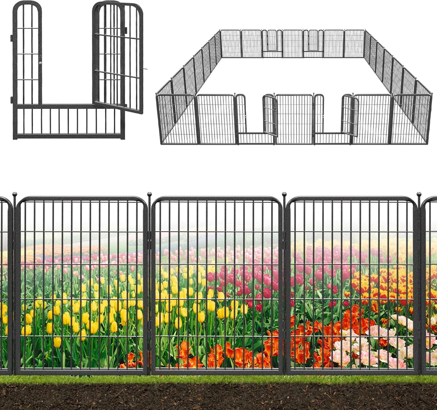 Decorative Black Metal Fencing Garden Fence with Gate, 64ft(L) 32in(H) 28 Fence Panels No Dig Fence Rustproof Animal Barrier Fence Temporary Dog Panels Fencing Outdoor