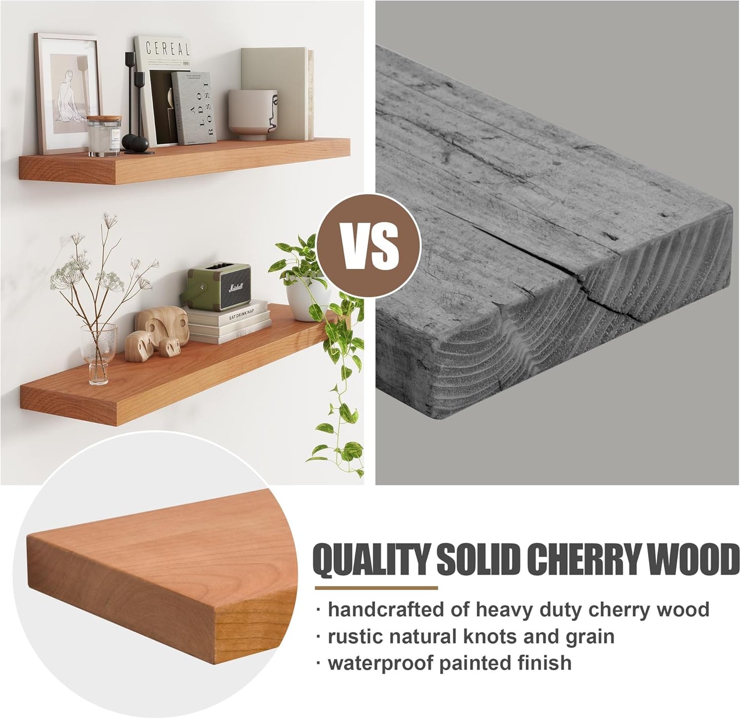 Floating Shelves for Wall, USA-Sourced Cherry Wood 36 Inch Long Wall Shelves Set of 2, Natural Wooden Wall Mounted Picture Ledge Shelf, Nursery Book Storage Shelf Kids Bookshelf, Display Shelf