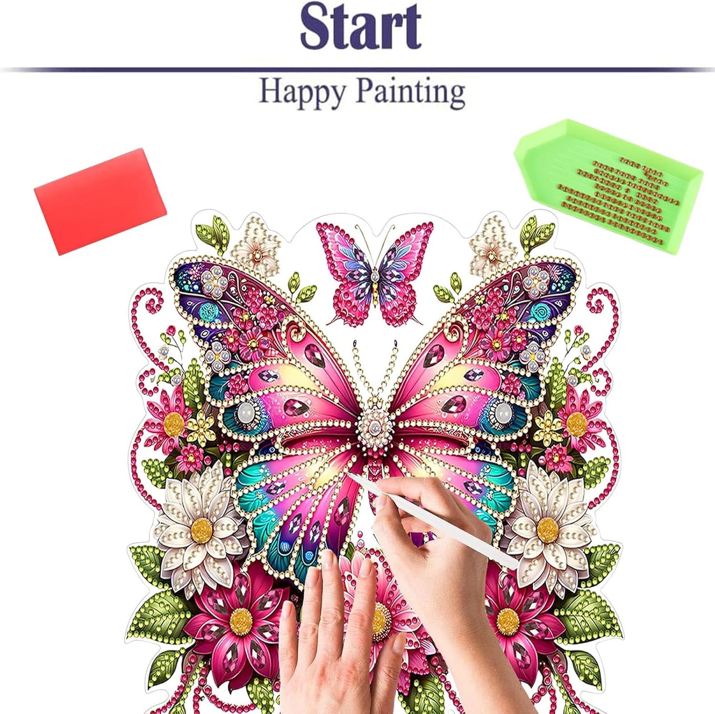 Diamond Painting Kits for Adults Beginners, 5D Full Drill Flowers and Butterfly Crystal Art Desktop Ornament, DIY Single Sided Home Office Desk Decor, Creative Craft Gift Set with Tools