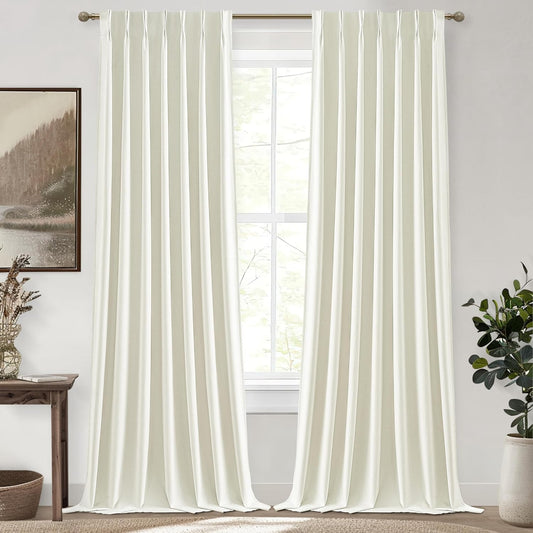 Cream White Blackout Drapes 96 Inches Long 2 Panels, Linen Room Darkening Fabric Thick for Bedroom Viral Pinch Pleated Window Curtains 96 Inches Long with Hooks Sound Deadening Insulated Thermal Cute