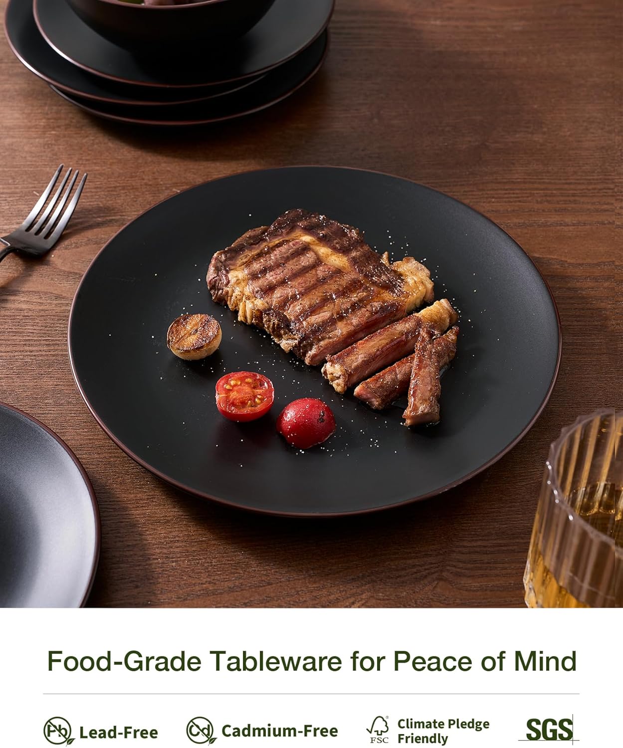 Famiware Venus Plates and Bowls Sets, 18 Pieces Stoneware Dinnerware Sets, Dishes Set for 6, Microwave and Dishwasher Safe, Matte Black