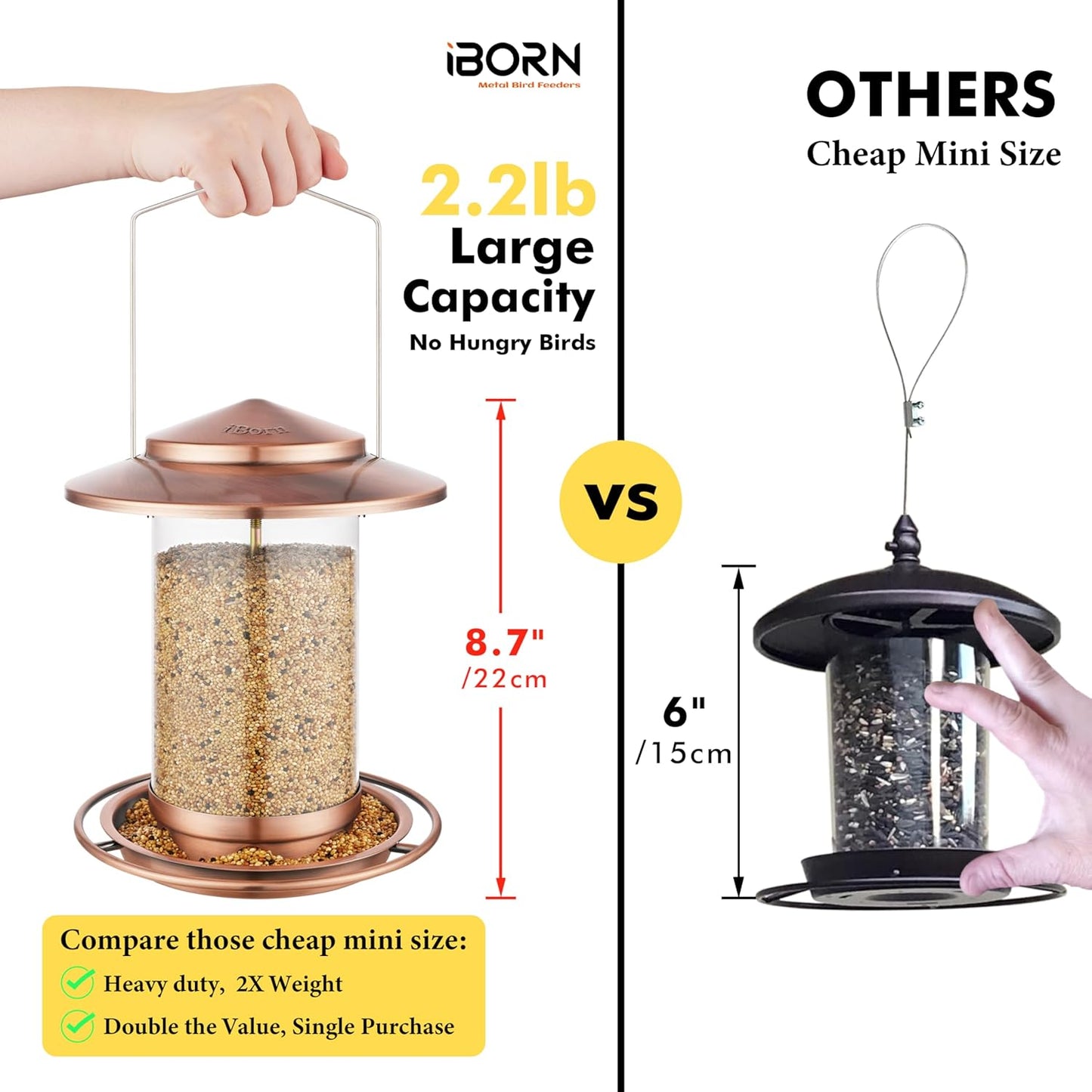 iBorn Bird Feeders for Outdoors Hanging,Metal Bird Feeders for Cardinal Chew Proof 18cm Large Roof&Tray Birdfeeders Outside Hanging,Brushed Copper 6 Port (Seed is not Included)