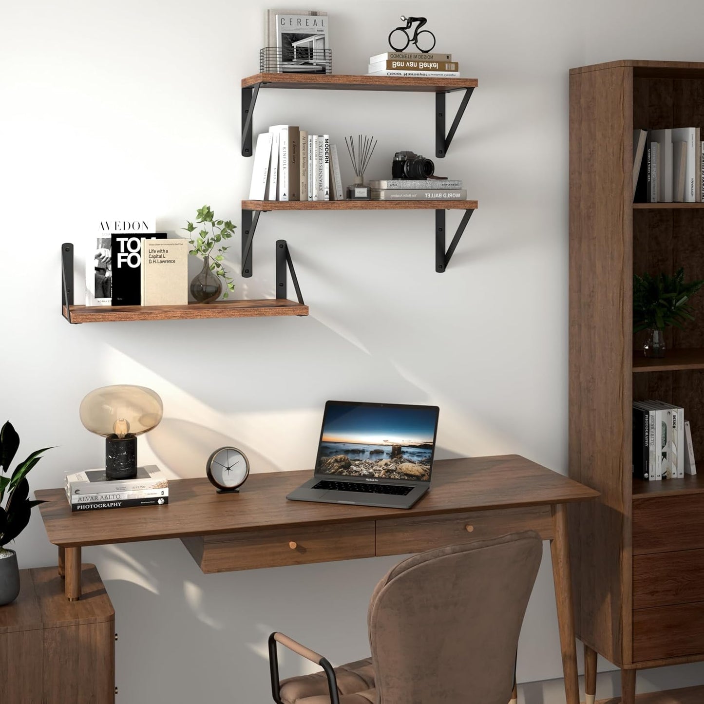 Heimlove Floating Shelves for Wall, 16 Inch Long Wood Floating Shelves Set of 3, Wall Mounted Hanging Shelf for Bathroom Bedroom Kitchen, Rustic Brown