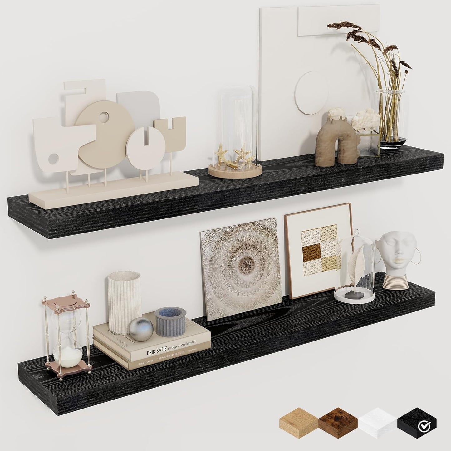 Fun Memories 36Inch Floating Shelves for Wall 2 Pack Wood Shelves for Kitchen, Bathroom, Bedroom Wall Mounted Rustic Wood Floating Shelf with Invisible Brackets for Books, Storage, Decor, Black