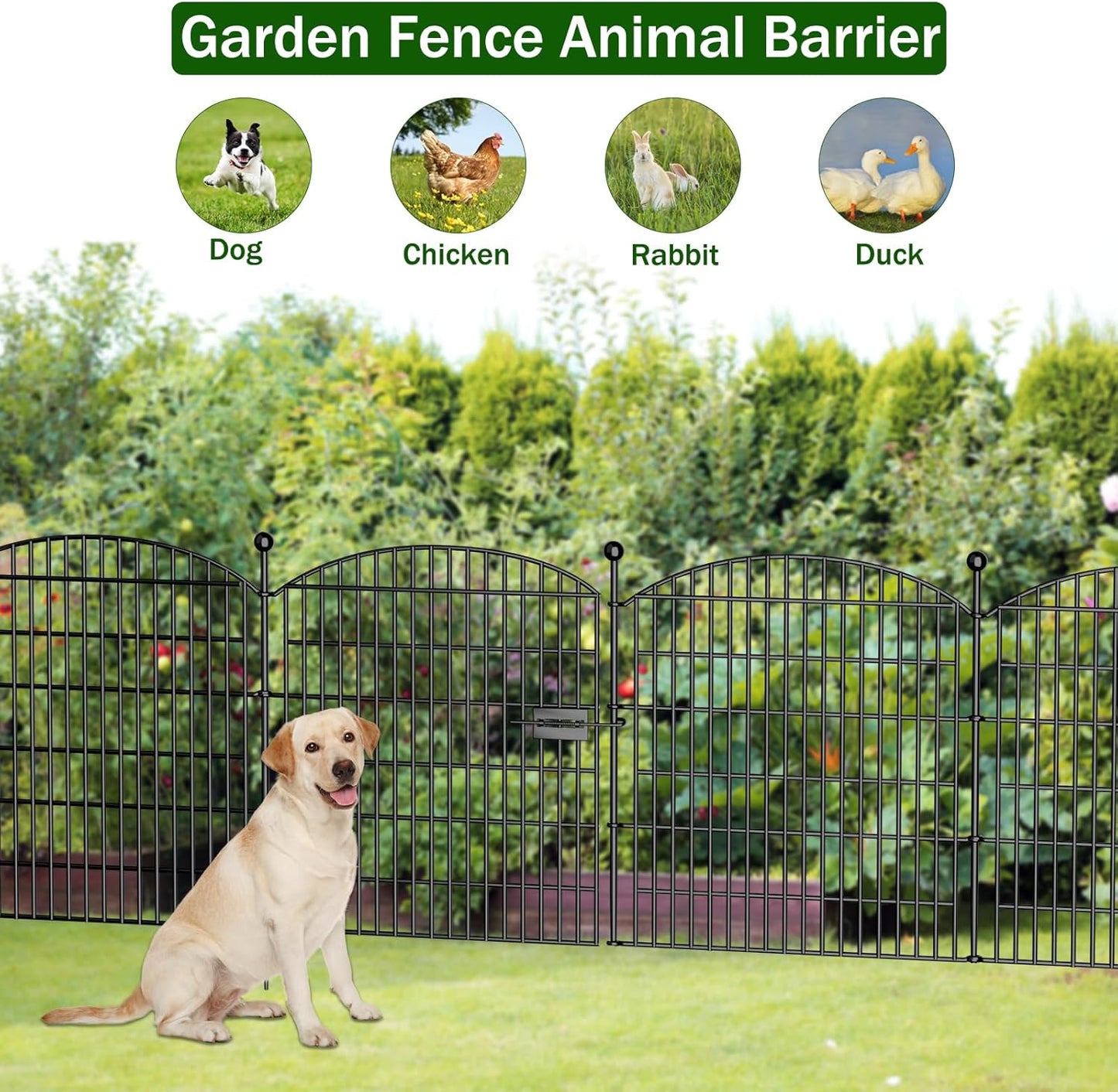 Decorative Garden Fence with Gate, 5 Panels - 32 in (H) x 11.8 ft (L) No Dig Dog Fence Outdoor for Yard, Rustproof Tall Garden Fencecing Panels, Animal Barrier Suitable for Yard Border, Patio