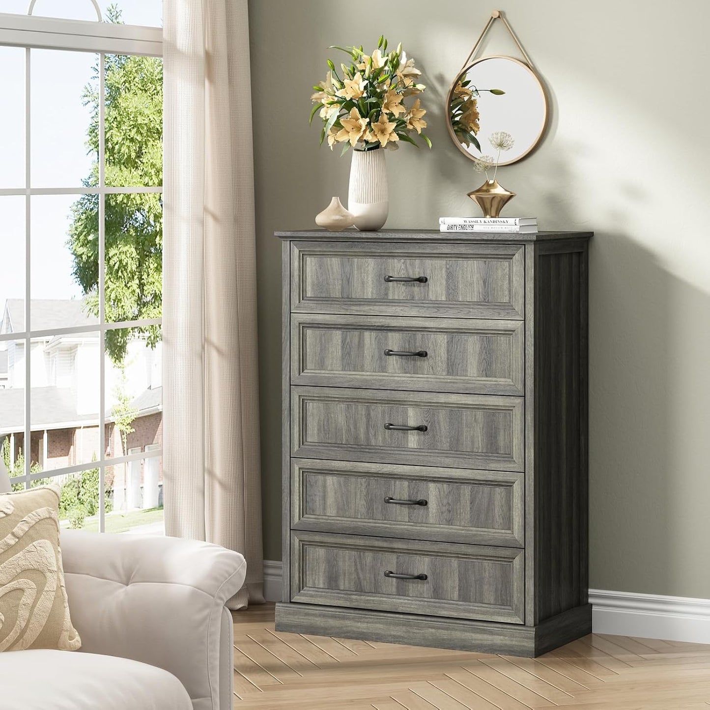 Farmhouse 5 Drawers Dresser for Bedroom, 44" Tall Grey dresser Wood Rustic Chest of Drawers with Wide Metal Handle,Natural Texture,Drawer Organizer for Bedroom,Living Room,Hallway and Entryway