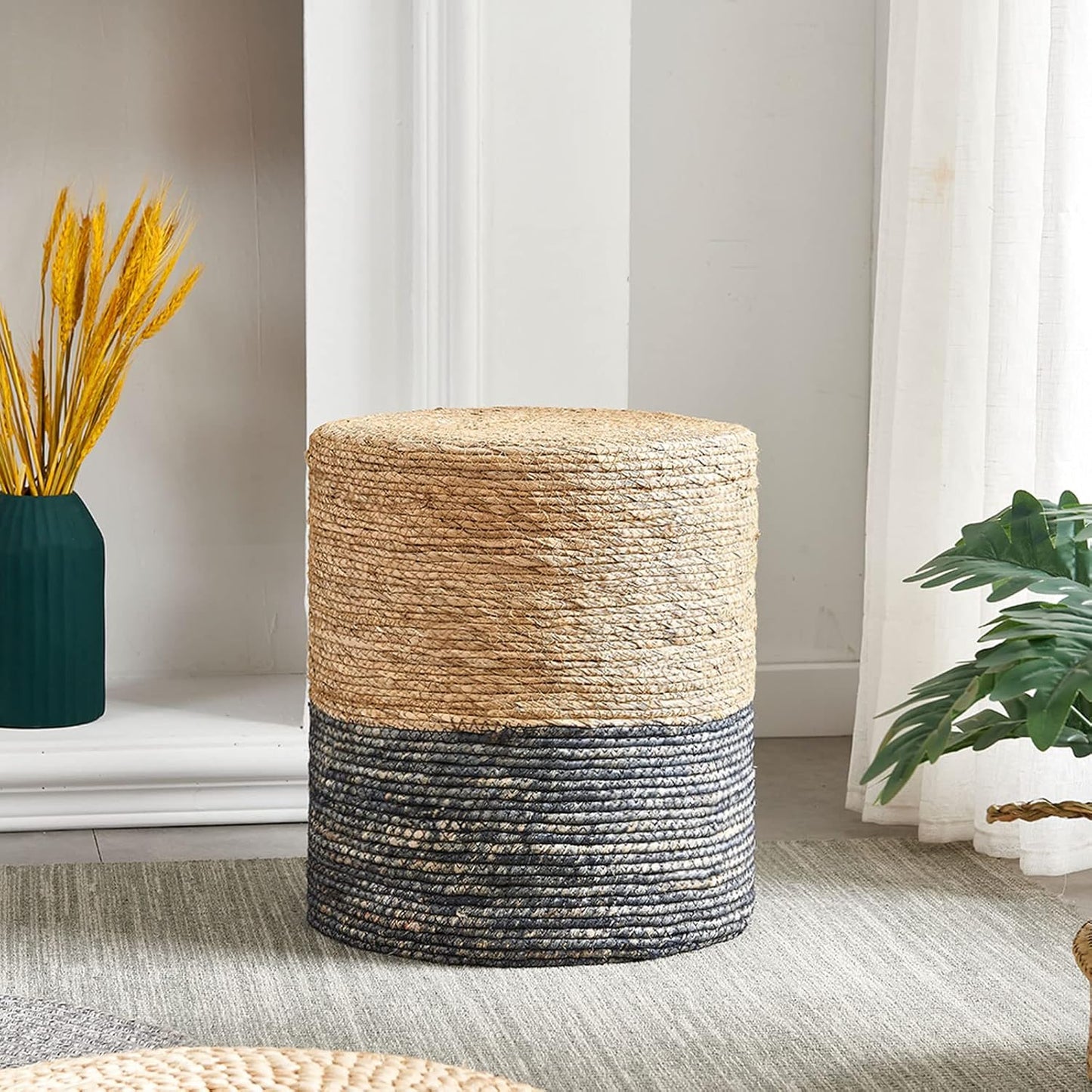 Cplxroc Pouf Ottoman, 100% Handwoven Seagrass Braided Pouffe, Boho Decor Floor Chair for Couch or Desk, Outdoor Ottomans for Garden, Round Footrest with Wood Frame, Home Decorative Seat for Balcony