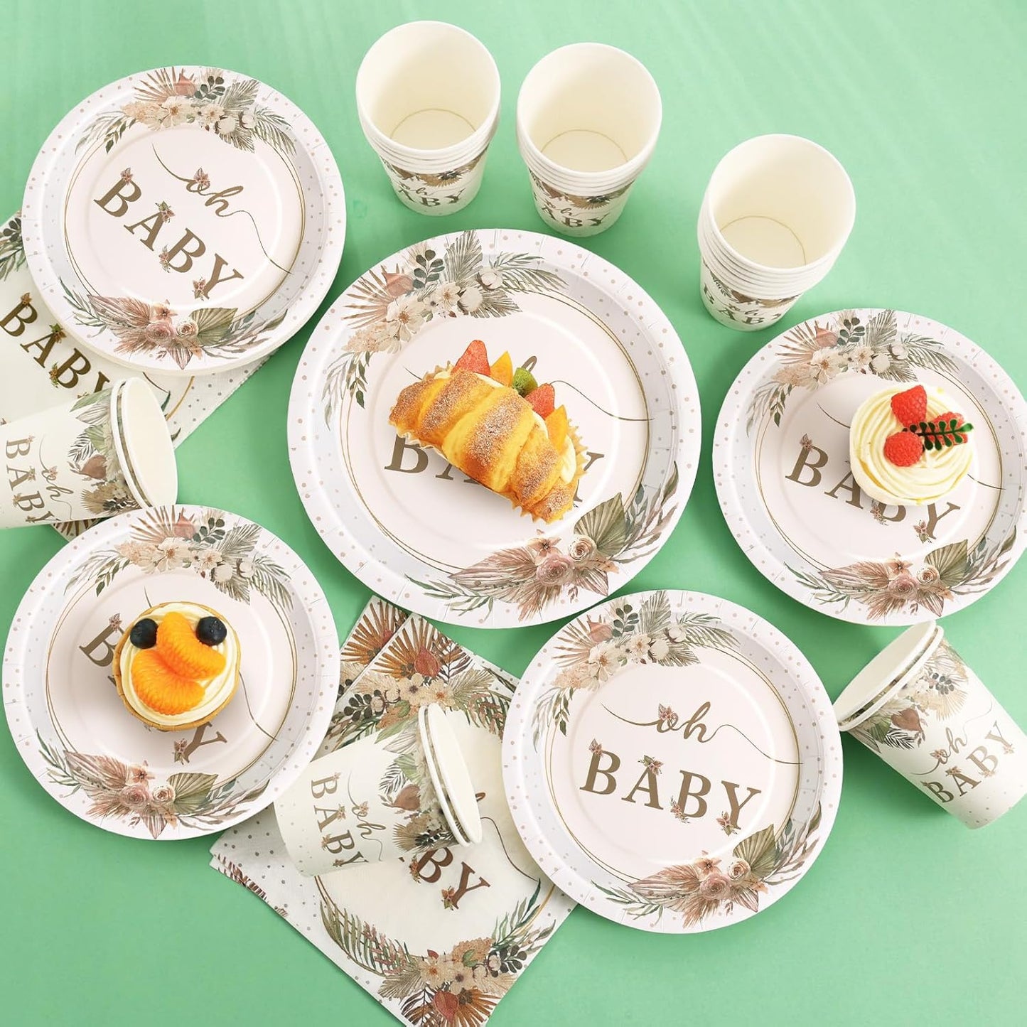 140 Pcs Boho Baby Shower Decorations for Girl, Baby Shower Plates and Cups and Napkins Sets, Oh Baby Plates for Western Sweet Baby Girl, Summer Fall Neutral, Serves 20