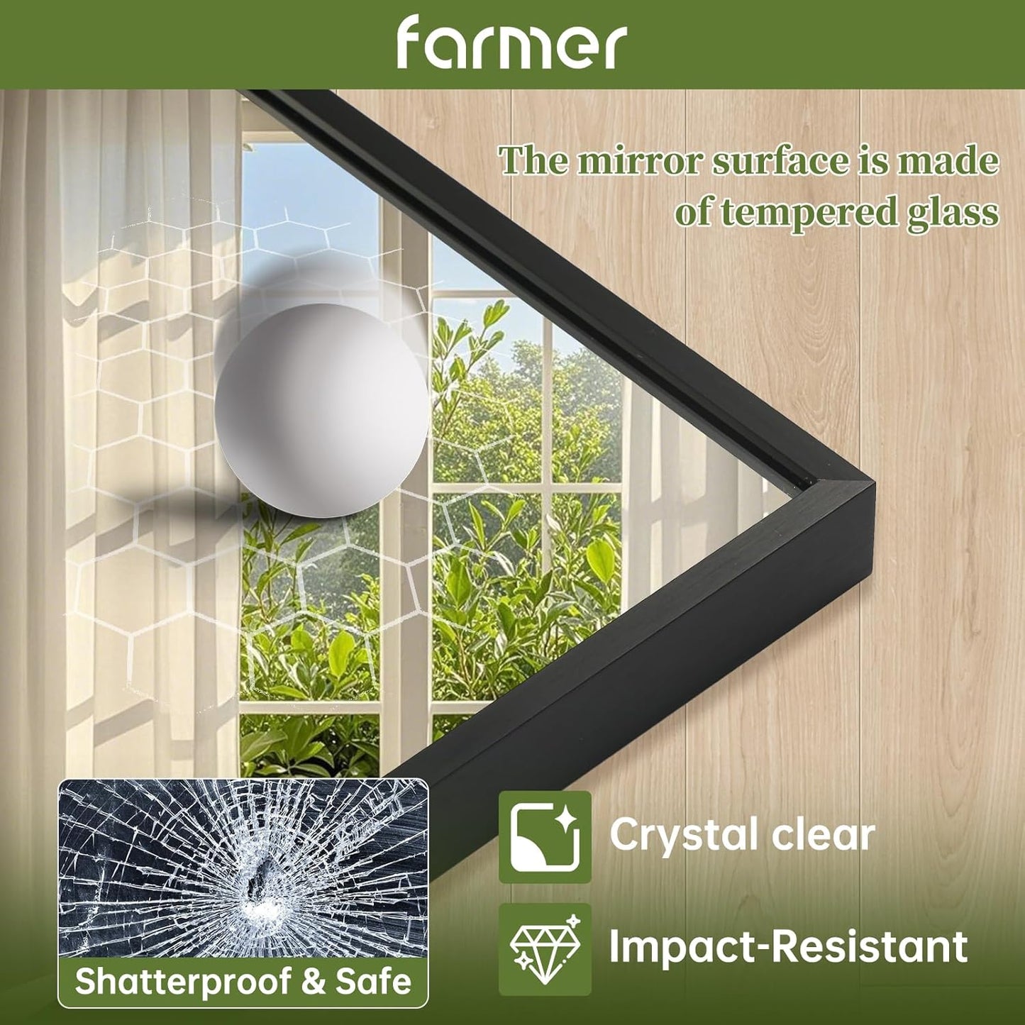 FARMER 24x36 Inch Black Bathroom Mirror, Rectangle Wall Mounted Mirror, Vanity Mirror, Brushed Square Mirror, Framed Bathroom Mirror for Bedrooms, Entryways, Living Rooms, Horizontal/Vertical