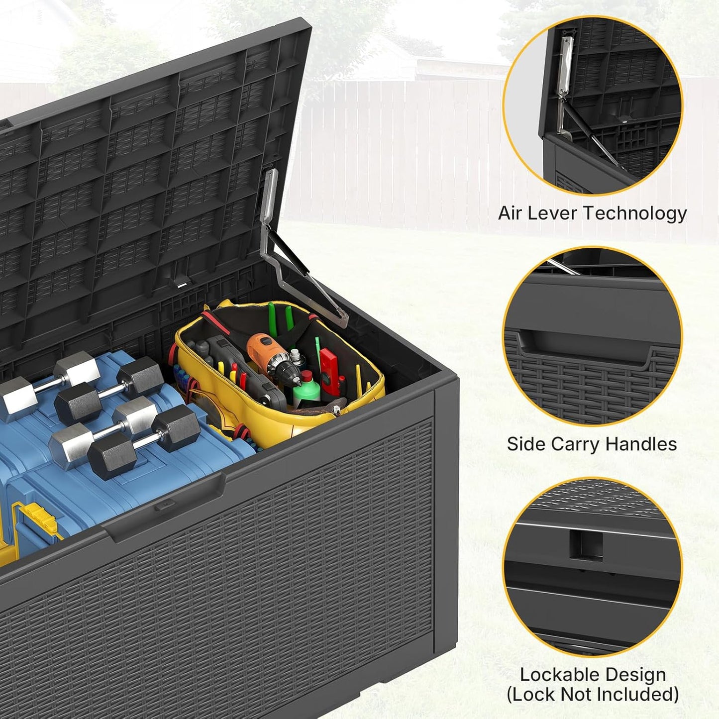 100 Gallon Deck Box Outdoor Waterproof, Rattan Outdoor Storage Box, Patio Storage Boxes for Cushions, Pillow, Garden Tools, Equipment