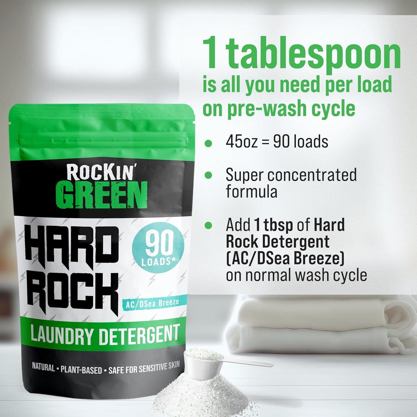Rockin' Green Hard Rock Powder Laundry Detergent (90 Loads) - Natural Powdered Laundry Detergent, Sensitive Skin Laundry Powder (AC/DSea Breeze)