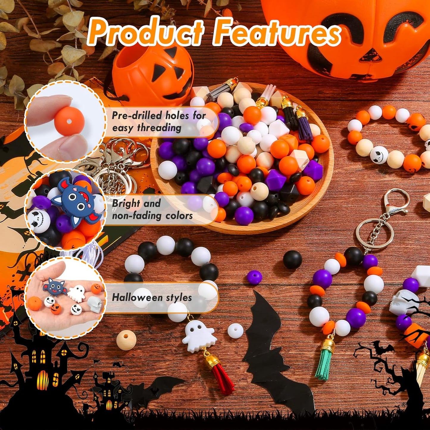221PCS Halloween Silicone Beads for Keychain Making, Silicone Focal Bead Bulk with 15mm 14mm Loose Bead, 14mm Hexagonal Rubber Bead, Wooden Bead, Silicone Abacus Bead for DIY Necklace Bracelet Lanyard