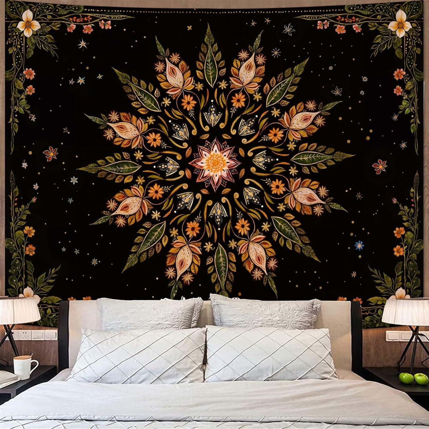 Fowocu Boho Floral Mandala Tapestry for Bedroom Aesthetic Vintage Bohemian Flower Wall Tapestry Black Green Hippie Indian Extra Large Tapestries Wall Hanging for Living Room Dorm Decor 90 x 68 Inch