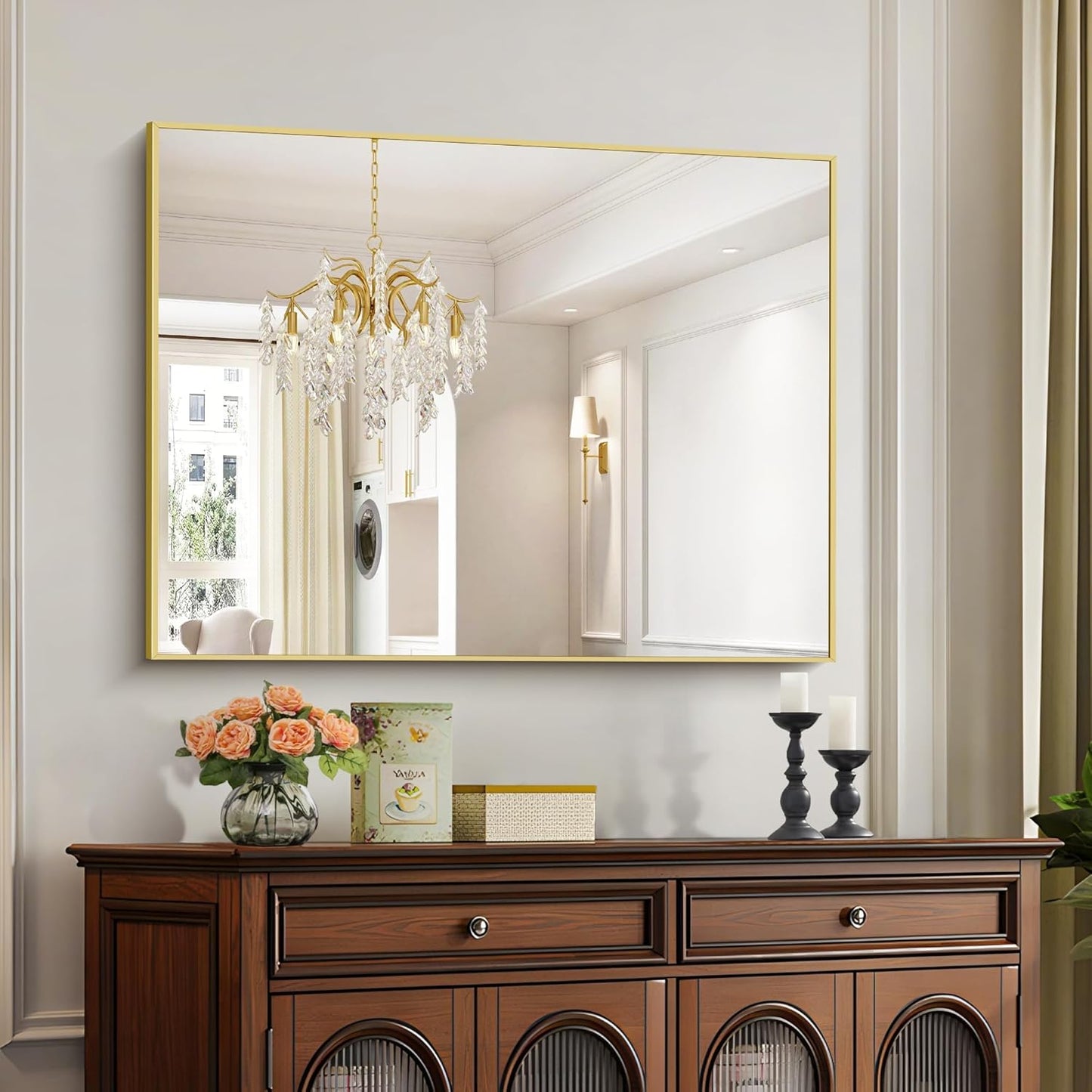 30x40In Gold Bathroom Mirror for Wall, Brushed Gold Rectangle Mirrors with Metal Frame, Bathroom Rectangular Mirror Modern Wall Mirror for Bedroom Living Room, Hangs Horizontal or Vertical