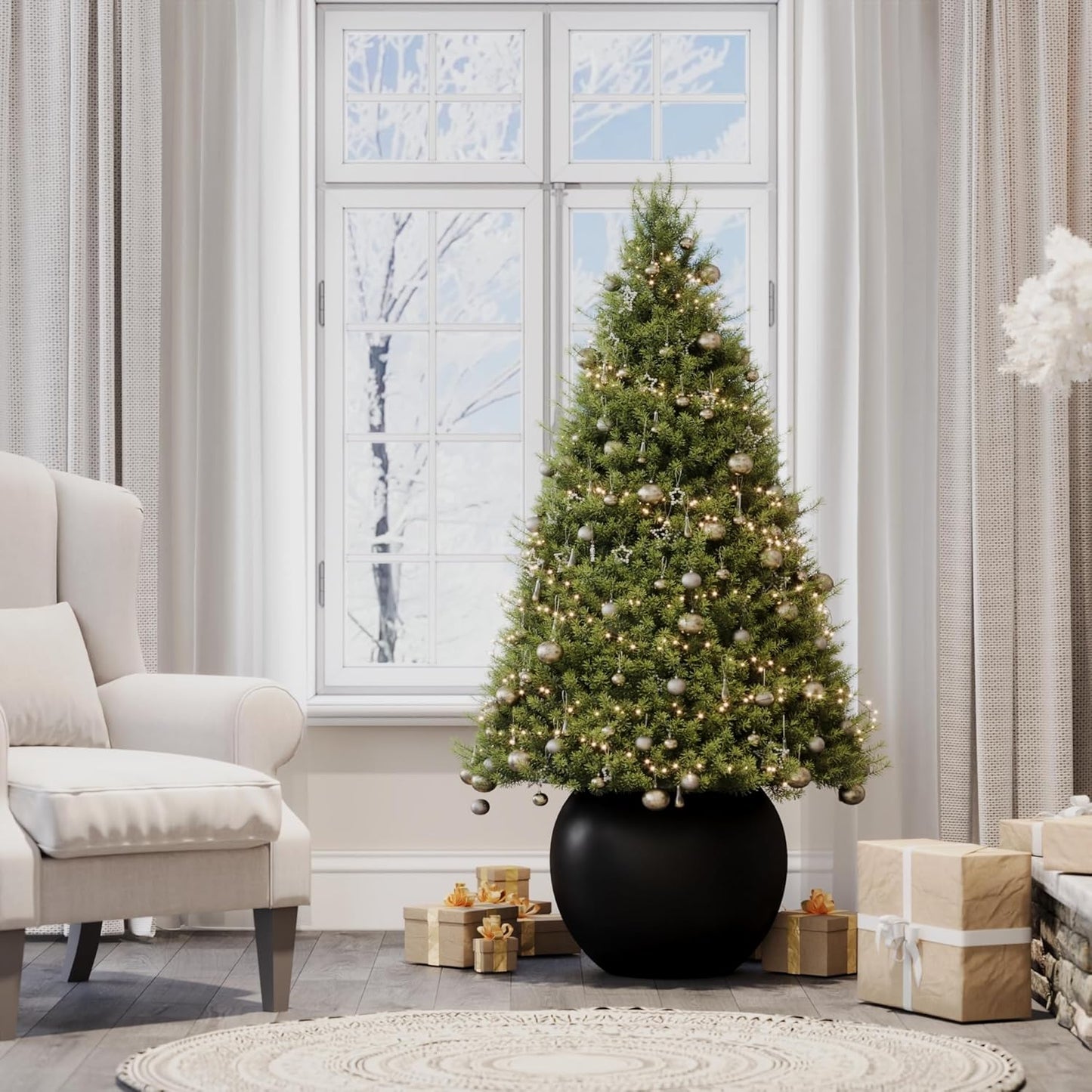 DTY Signature Mount Sherman Lightweight Durable Modern Fiberstone Sphere Planter for Indoor & Outdoor Drainage Hole & Rubber Plug Weather Resistant, 13.5" H x 17" Dia, 12" Opening - Medium, White