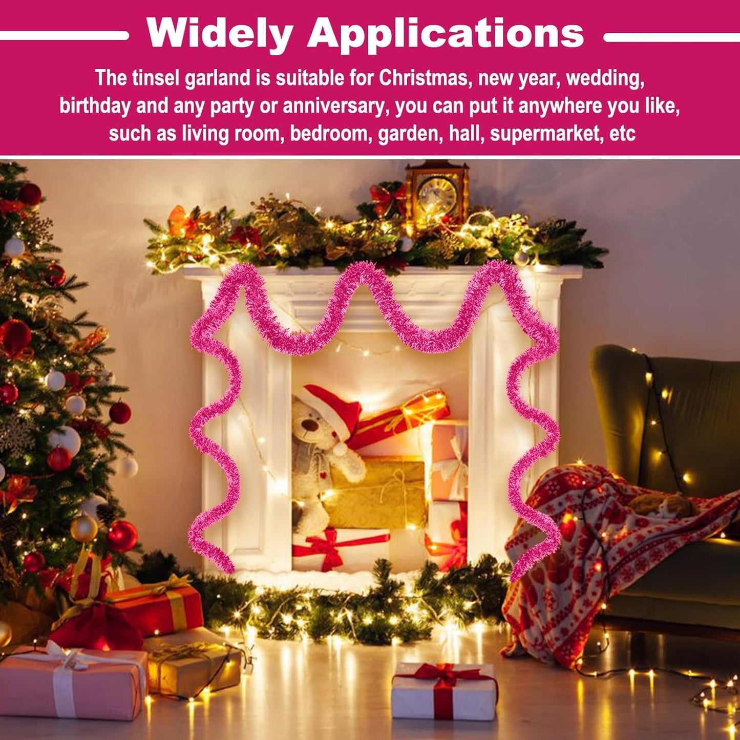 25 Feet Metallic Twist Tinsel Garland - Wall Hanging Backdrop for Holidays (Pink, 4in x 25ft)