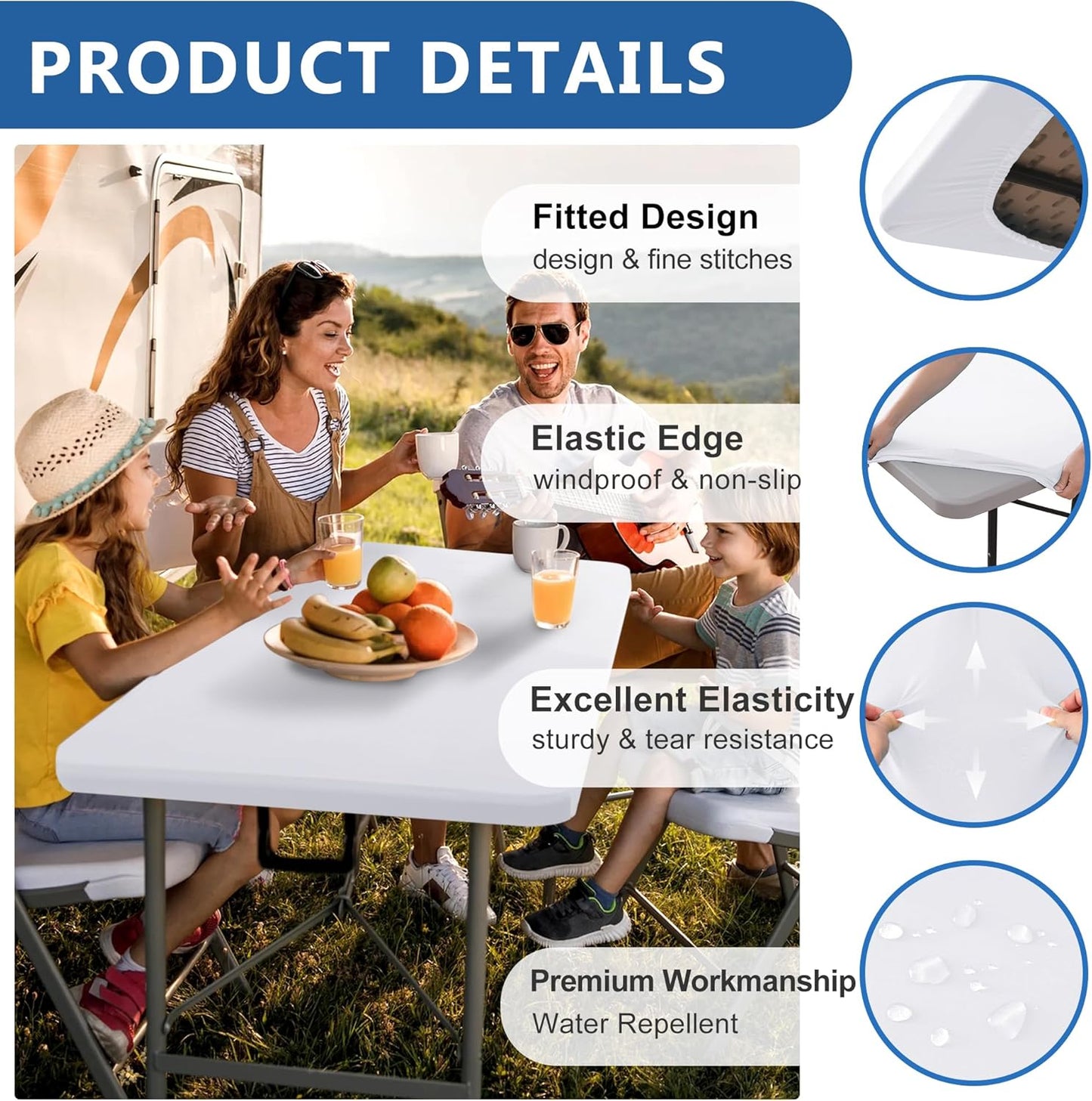 Fitted Tablecloth for 8 Foot Rectangle Tables-6 Pack White Elastic Outdoor Picnic Table Cover-Spandex Stretch Folding Table Cloths 8ft for Camping Dining Room Patio Kitchen Banquet Party