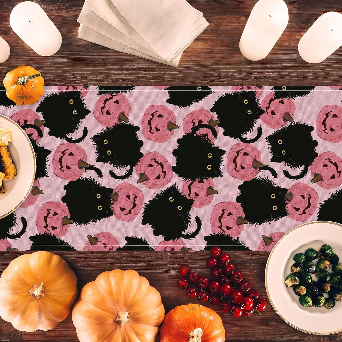 Halloween Table Runner Black Cat Pink Pumpkins Seasonal Kitchen Dining Table Home Outdoor Party Decorations 13x48 Inch