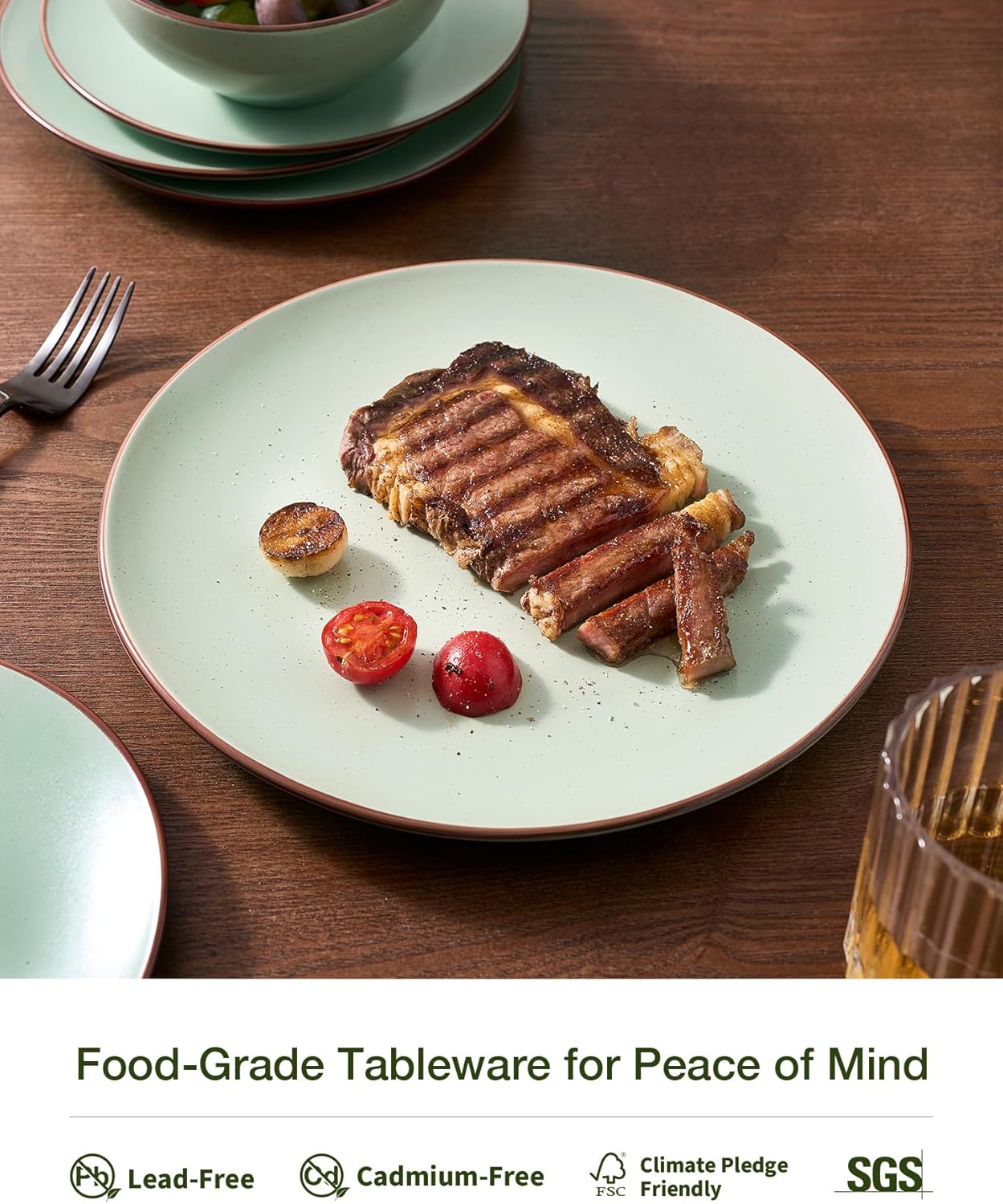 Famiware Venus Plates and Bowls Sets, 18 Pieces Stoneware Dinnerware Sets, Speckled Dishes Set for 6, Microwave and Dishwasher Safe, Matte Light Green