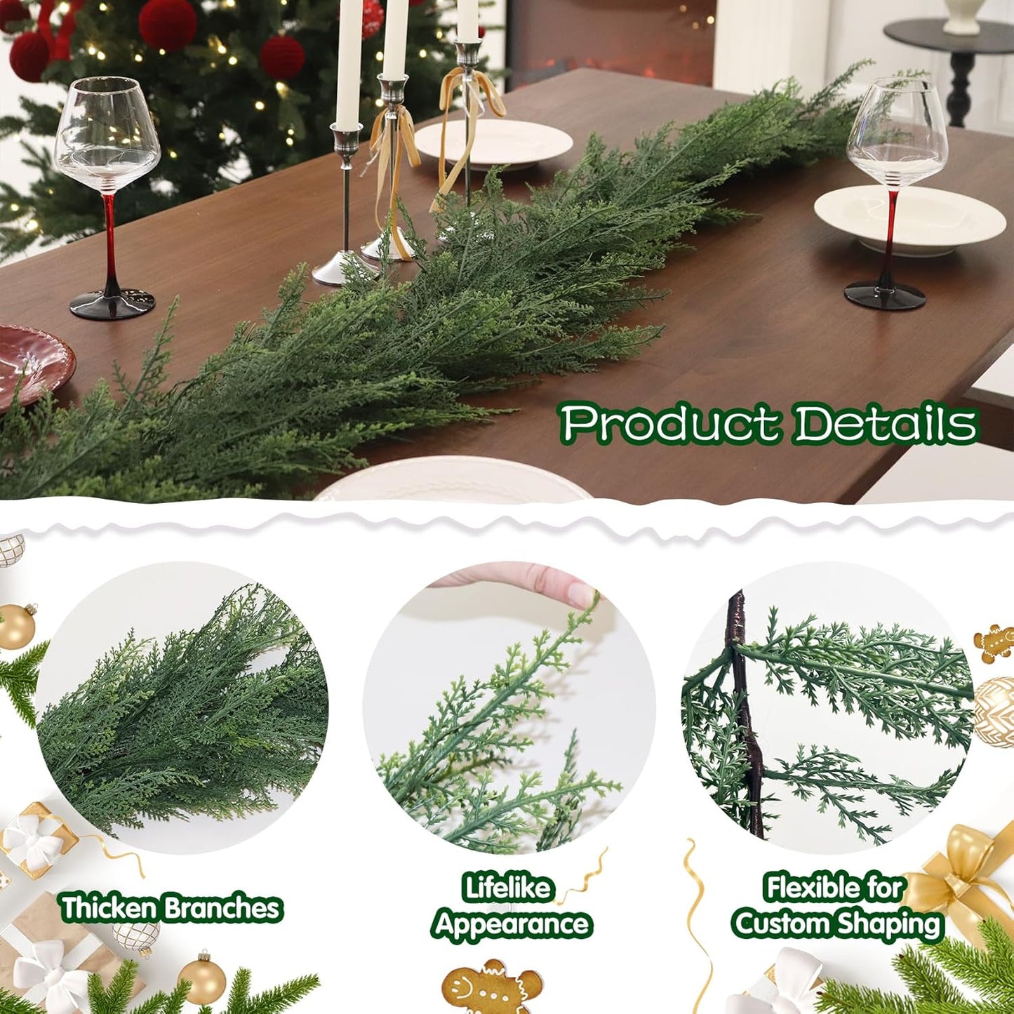 2PCS 6FT Christmas Cedar Garland Full Real Touch Artificial Green Faux Cypress Realistic Pine Garland for Mantle Fireplace Table Home Decoraiton