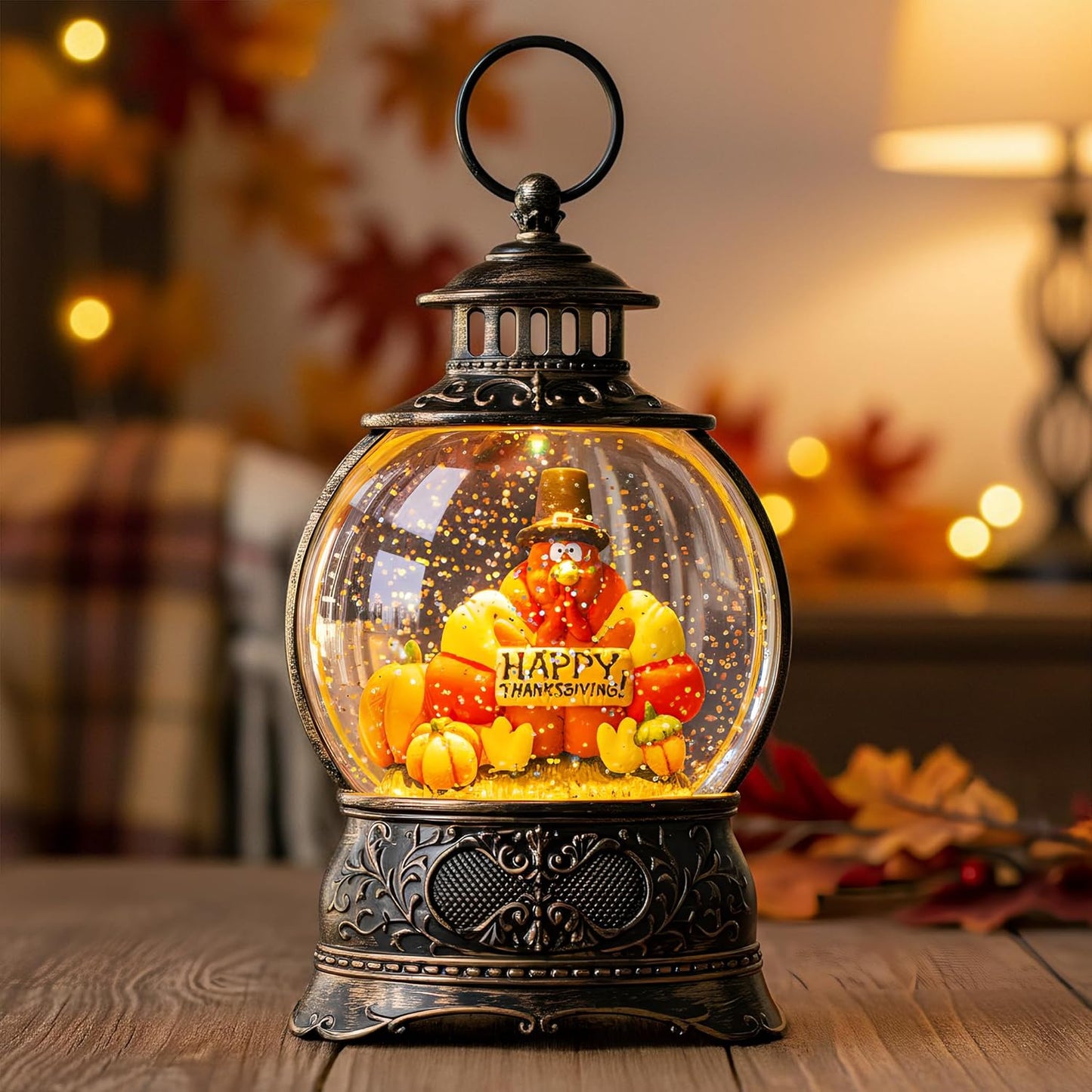 Fall Snow Globe Lantern with Autumn Turkey and Pumpkins Thanksgiving LED Decor for Home, Indoor Tabletop Centerpiece with Glitter Flakes, Harvest Light Decorations