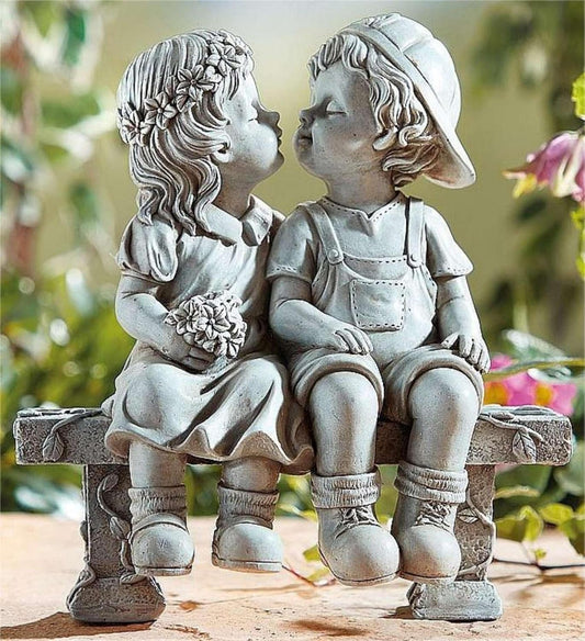Elenon Boy and Girl Garden Statue Outdoor Decorative, Couple First Kiss Garden Sculpture for Yard Patio Art Flower Bed Decoration, 8 1/4" L x 4 3/4" W x 9" H