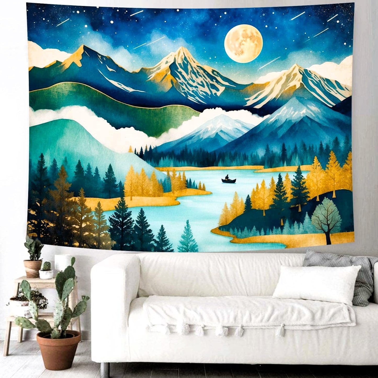 Delur Mountain Tapestry Boho Moon Stars Starry Night Tapestry Wall Hanging Forest Tree Nature Landscape Psychedelic Headboard for Bedroom Living Room Home Decor (51.2" x 59.1")
