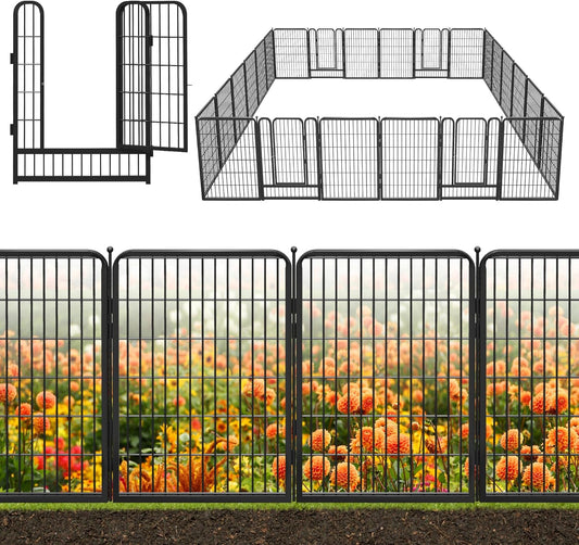 Decorative Black Metal Fencing Garden Fence with Gate, 54ft(L) 40in(H) 24 Fence Panels No Dig Fence Rustproof Animal Barrier Fence Temporary Dog Panels Fencing Outdoor