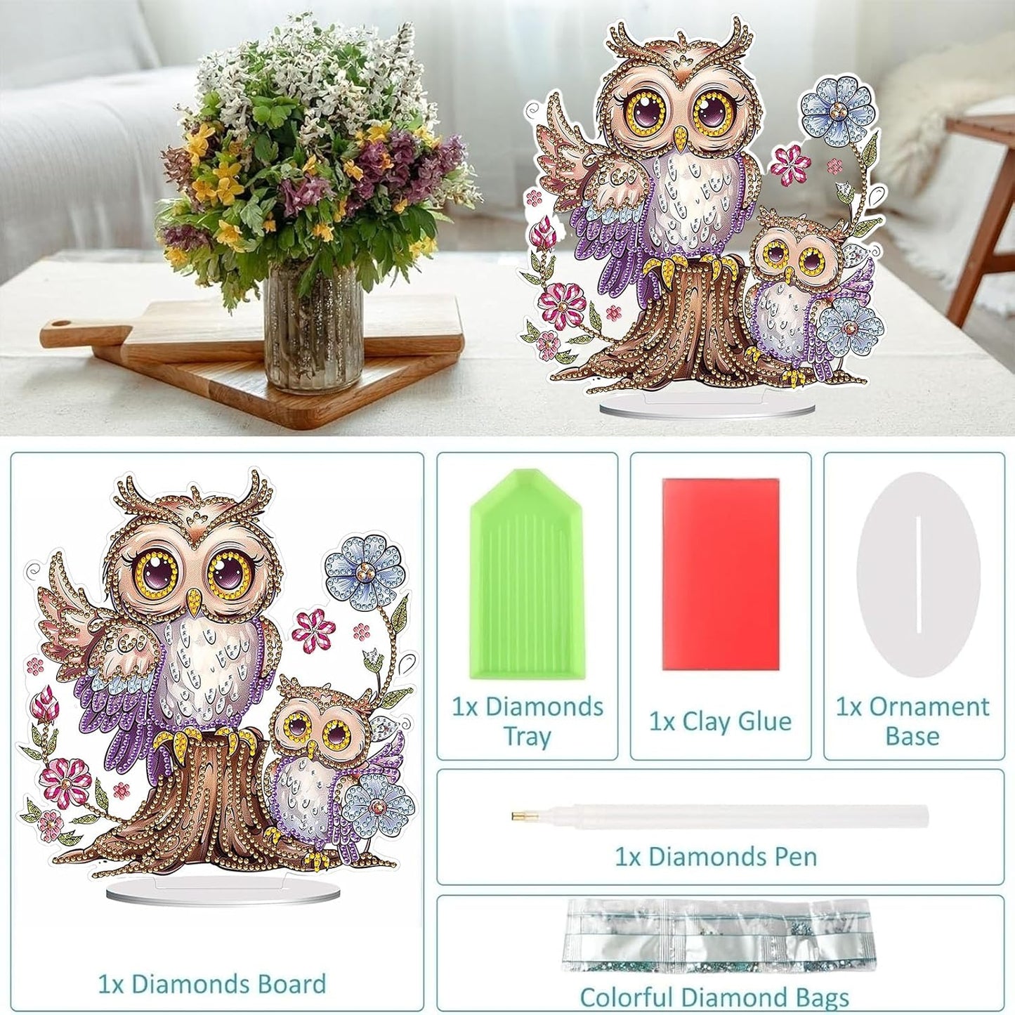 Diamond Painting Kits for Adults Beginners, 5D Full Drill Owl Crystal Art Desktop Ornament, DIY Single Sided Home Office Desk Decor, Creative Craft Gift Set with Tools