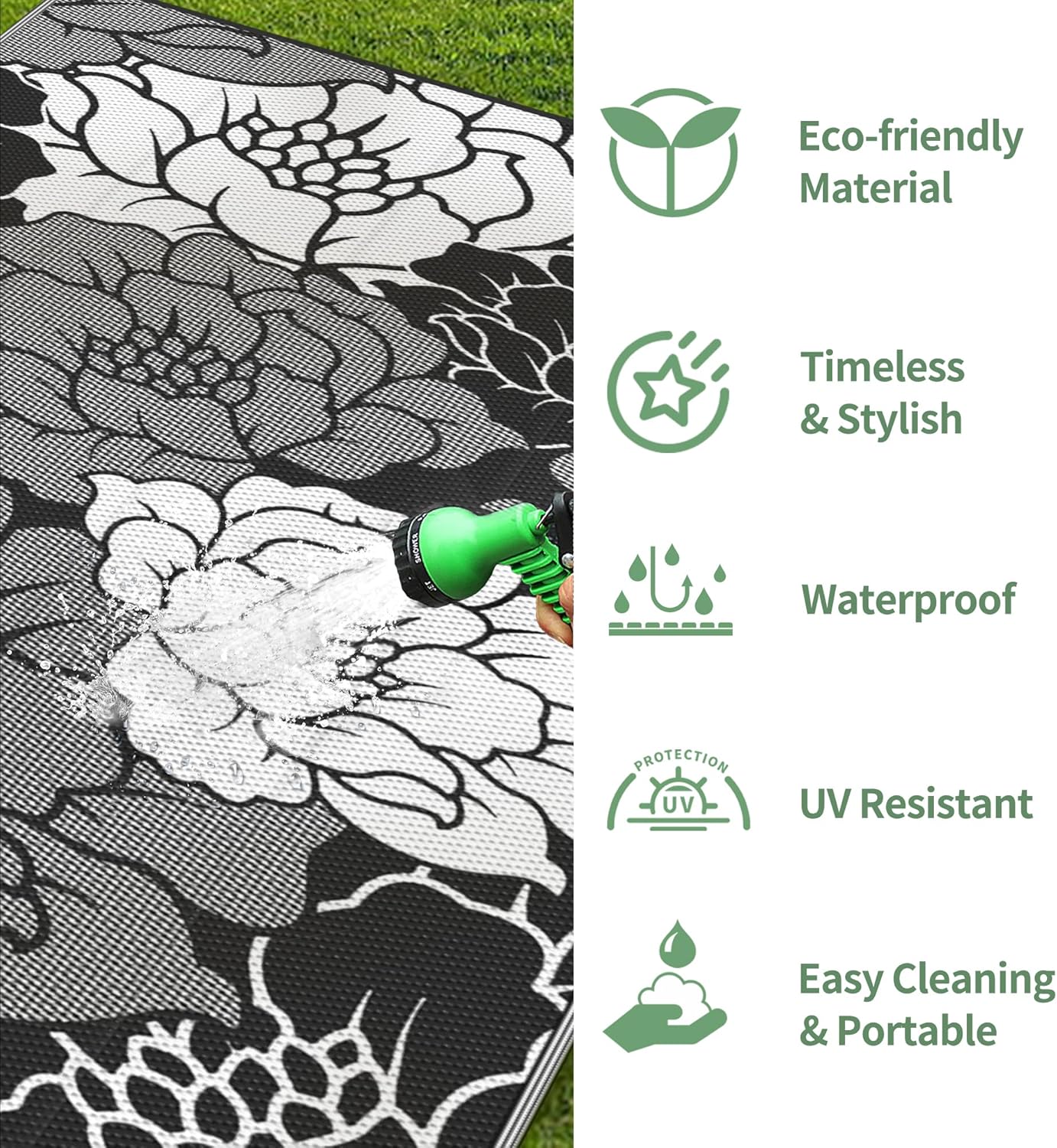 GENIMO Outdoor Rug Waterproof for Patio Decor, 8' x 10' Reversible Plastic Straw Floral Camping Carpet, Large Area Rugs Mats for RV, Camper, Deck, Balcony, Porch, Beach, Picnic, Mix-Black & White