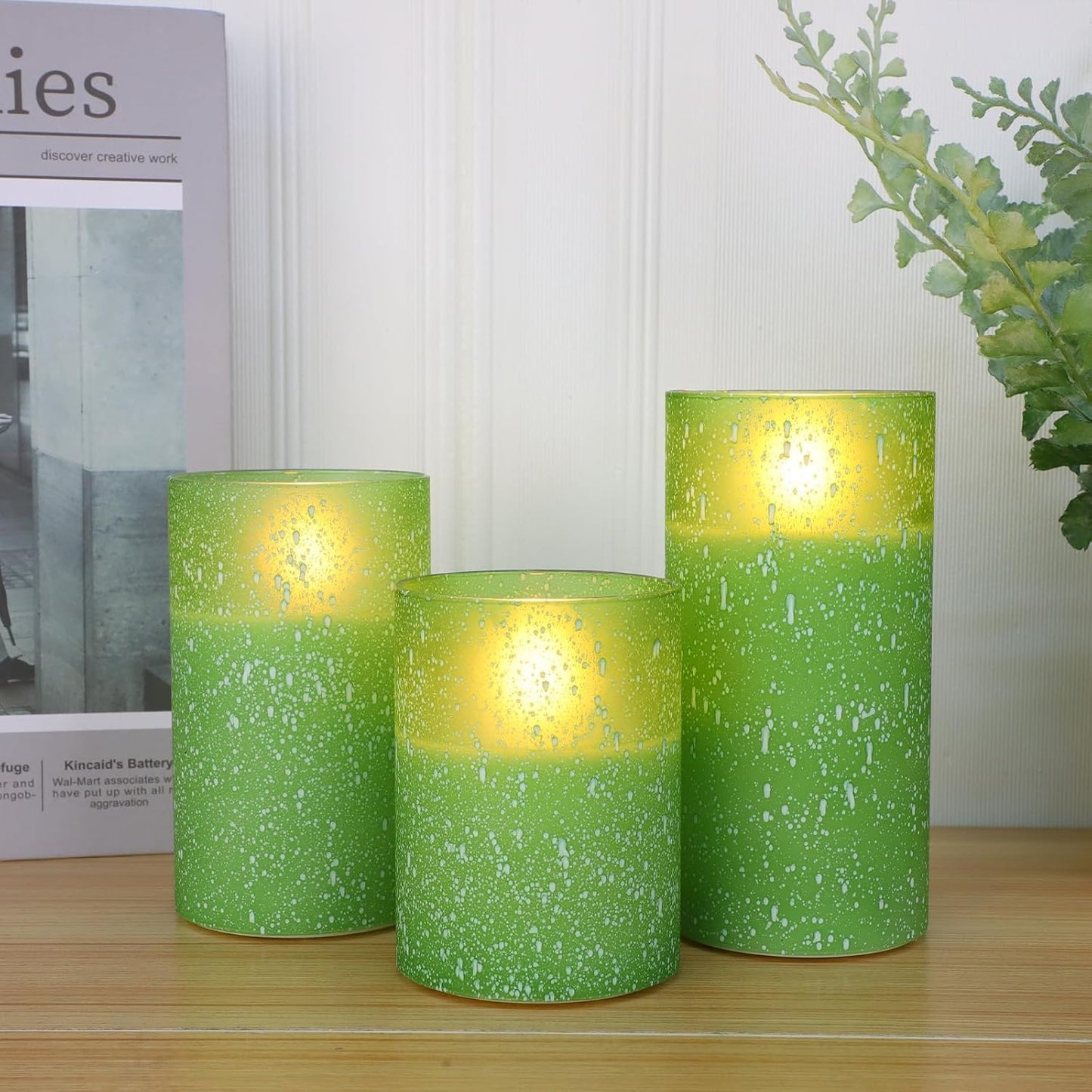 Green Flameless Candles with Remote, Glass LED Pillar Battery Operated Candles with Timer, Flickering Decorative Lights for Home Weddings Holidays Gift Set of 3