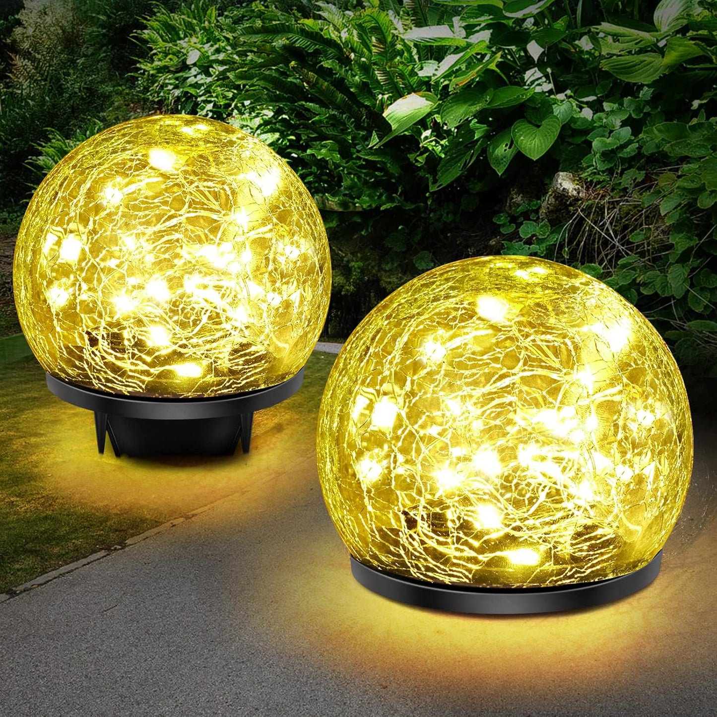 2 Pack 60 LED Solar Garden Lights Outdoor Decoration, Cracked Glass Solar Globe Lights, Upgraded Waterproof Warm White Ball Lights for Yard Pathway Patio Halloween Christmas Outside Decor
