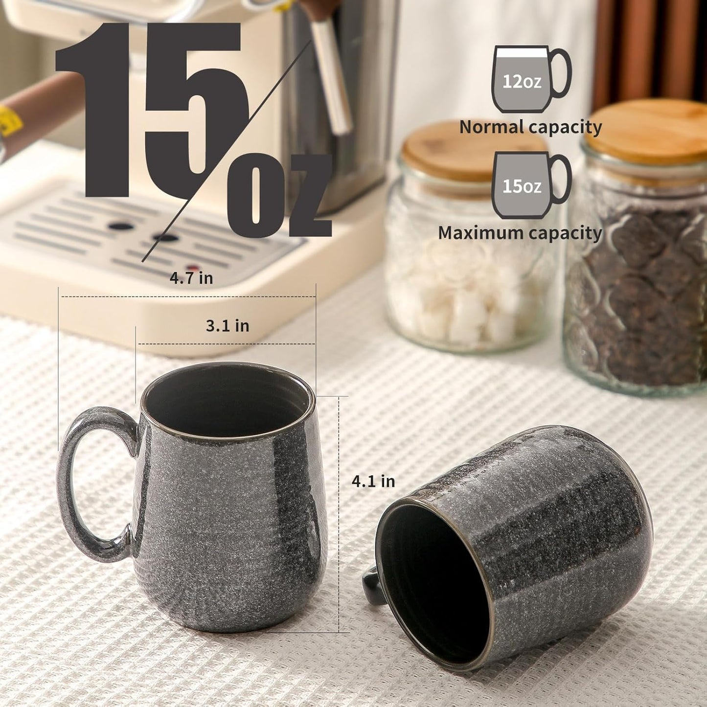 Hasense Ceramic Coffee Mugs - 15 OZ Large Coffee Cups Set of 4 with Handle for Hot Beverage, Porcelain Latte Mugs for Tea, Milk, Cocoa, Cappuccino and Mocha, Microwave and Dishwasher Safe, Grey